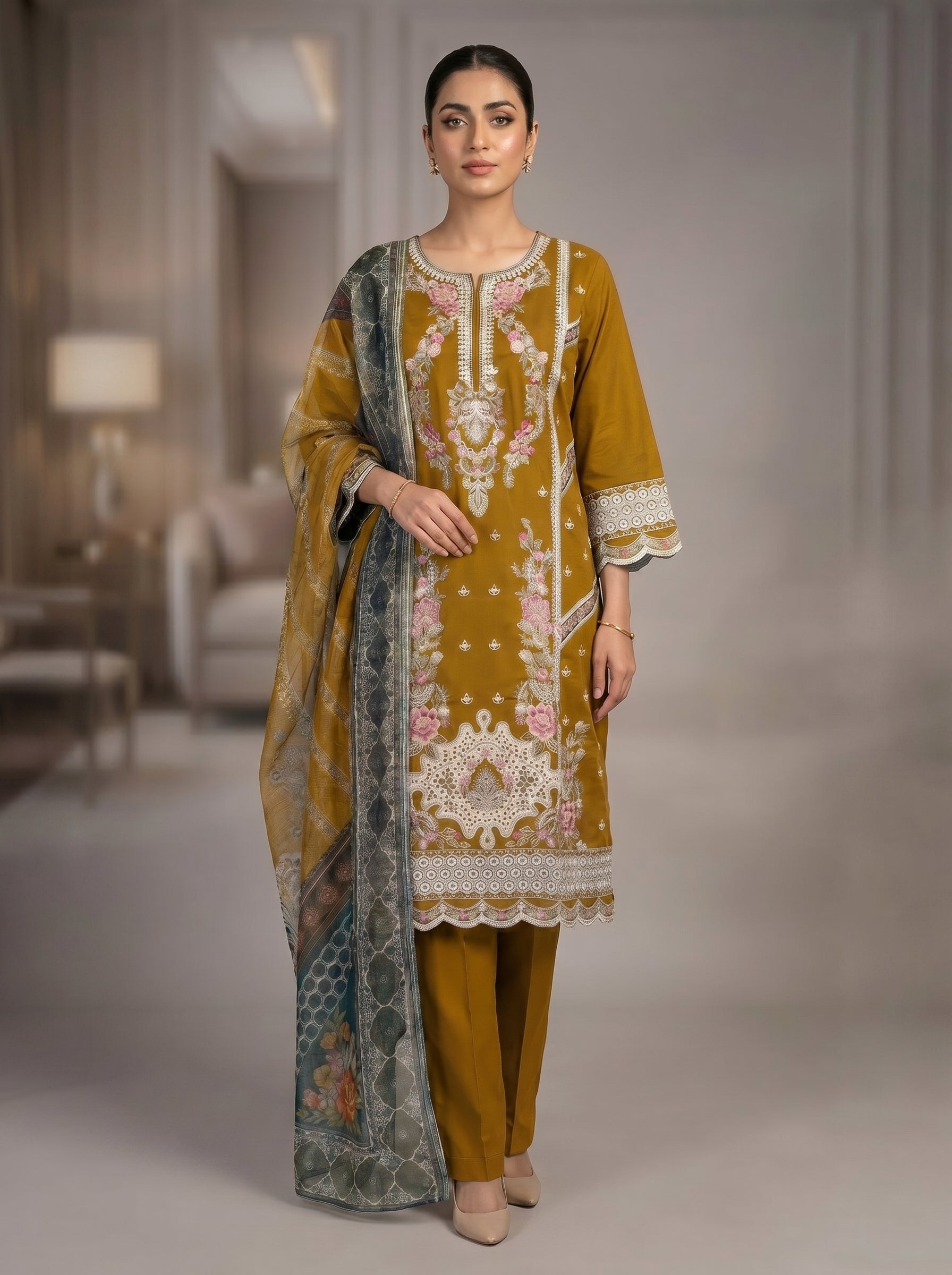 3Pc Embroidered Cotton Shirt, Trouser, Dupatta