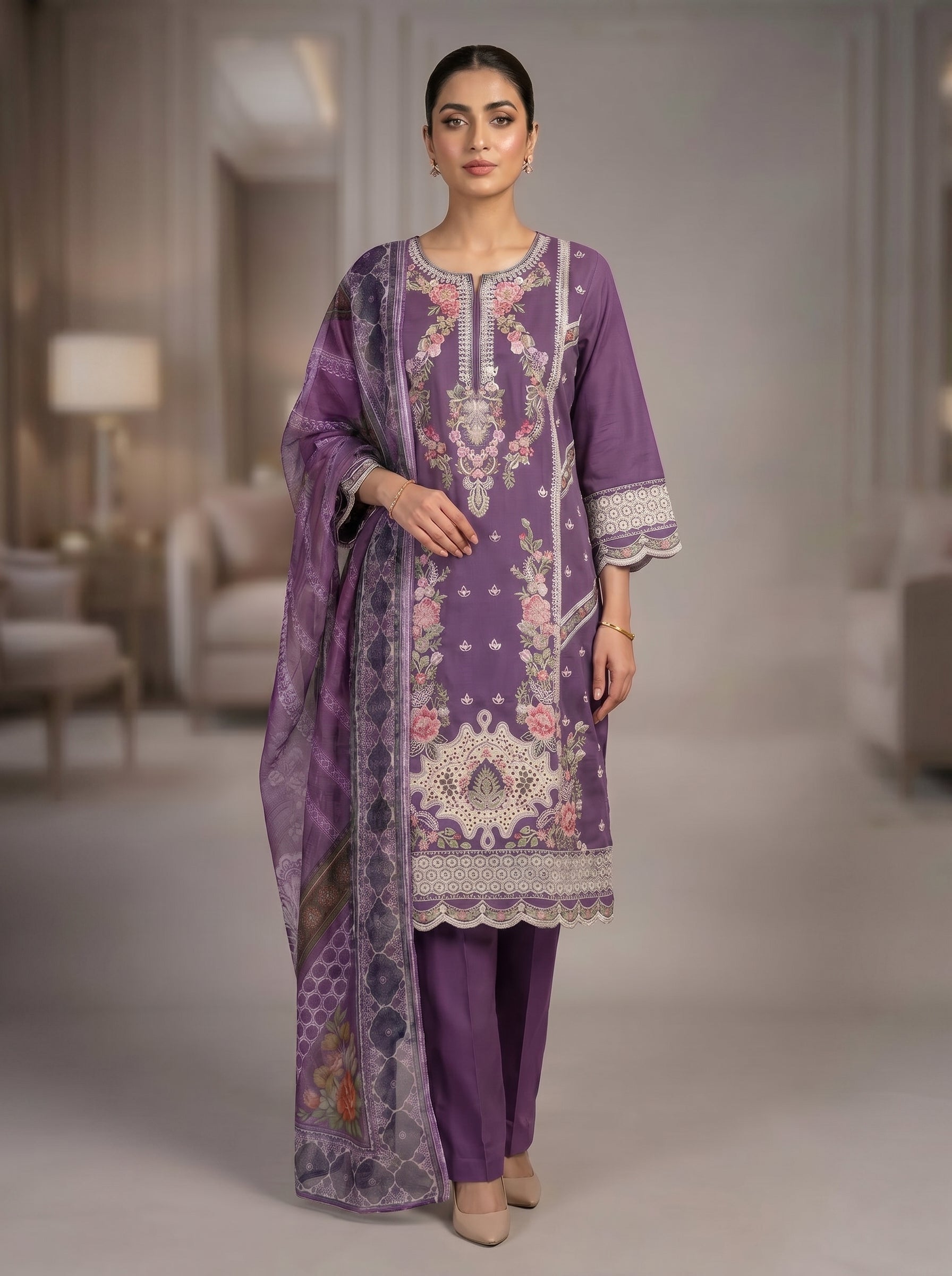 3Pc Embroidered Cotton Shirt, Trouser, Dupatta