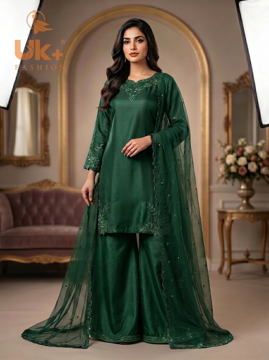 3Pc Embroided pure Silk Shirt, Plazo, Dupatta