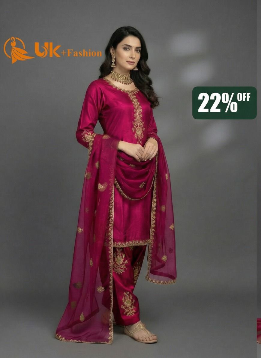 3Pc Embroidered Kataan Silk, Shirt, Farshi Shalwar and Dupatta