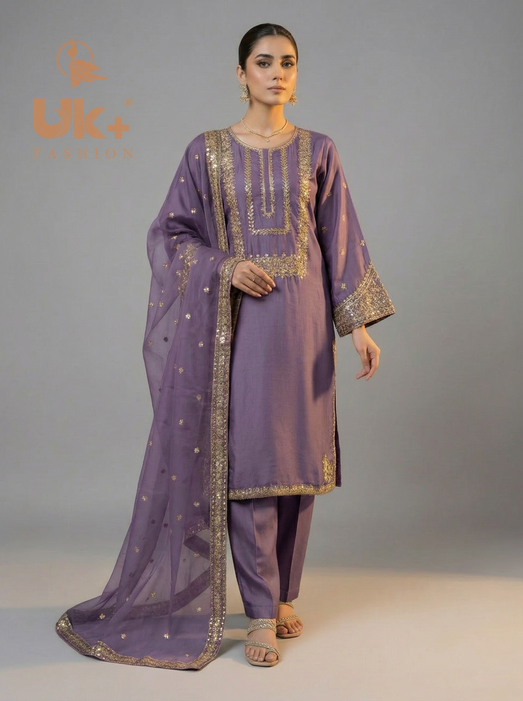 3Pc Embroidered Silk Shirt, Shalwar, Dupatta