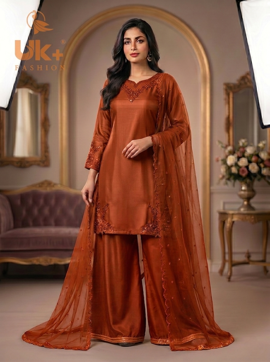 3Pc Embroided pure Silk Shirt, Plazo, Dupatta