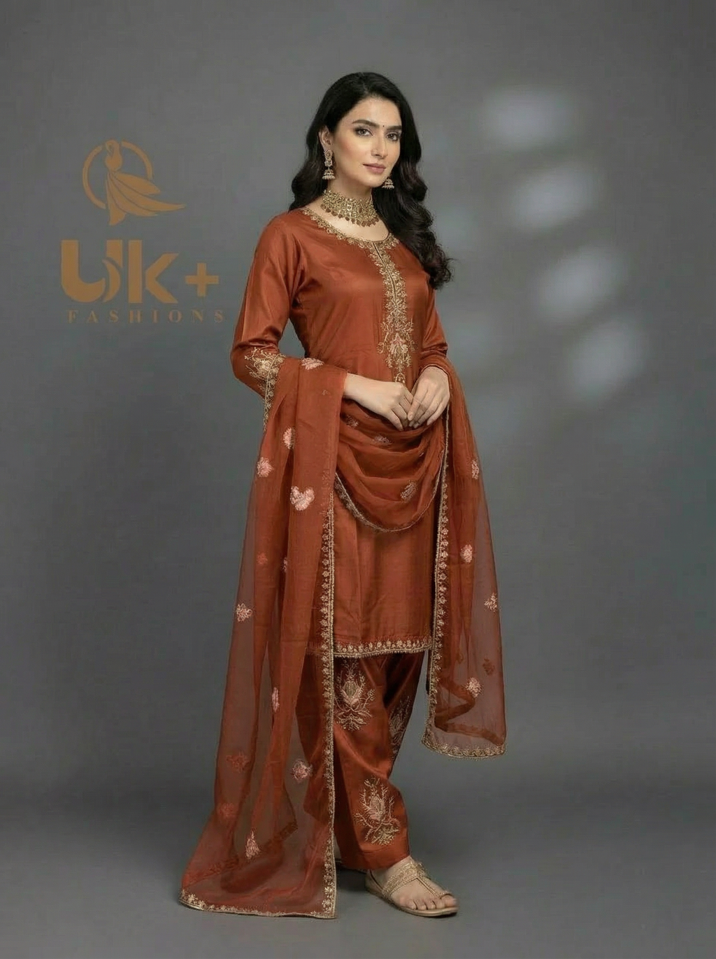 3Pc Embroidered Kataan Silk, Shirt, Farshi Shalwar and Dupatta