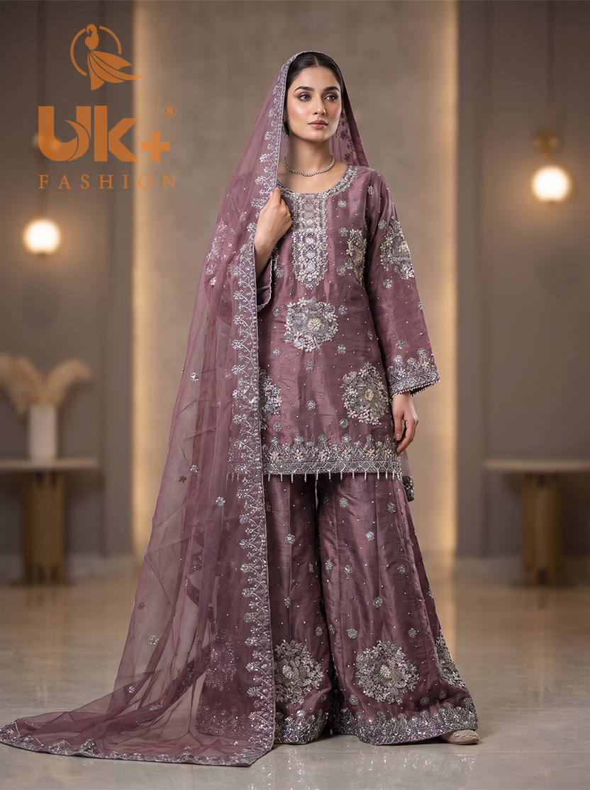 3Pc Embroided Sheesha Silk Shirt, Plazo, Dupatta
