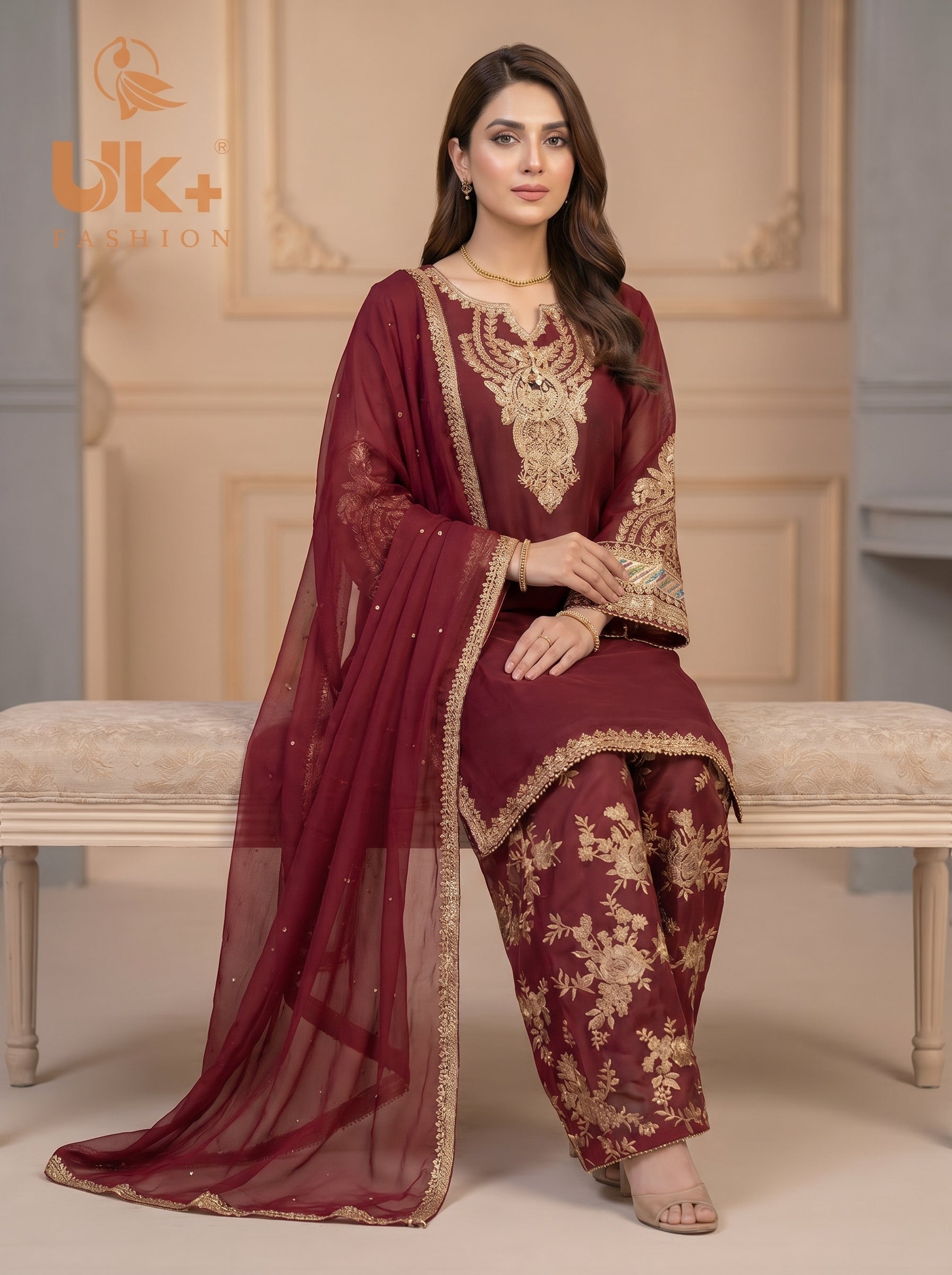 3Pc Embroidered Chiffon Shirt, Plazo, Dupatta