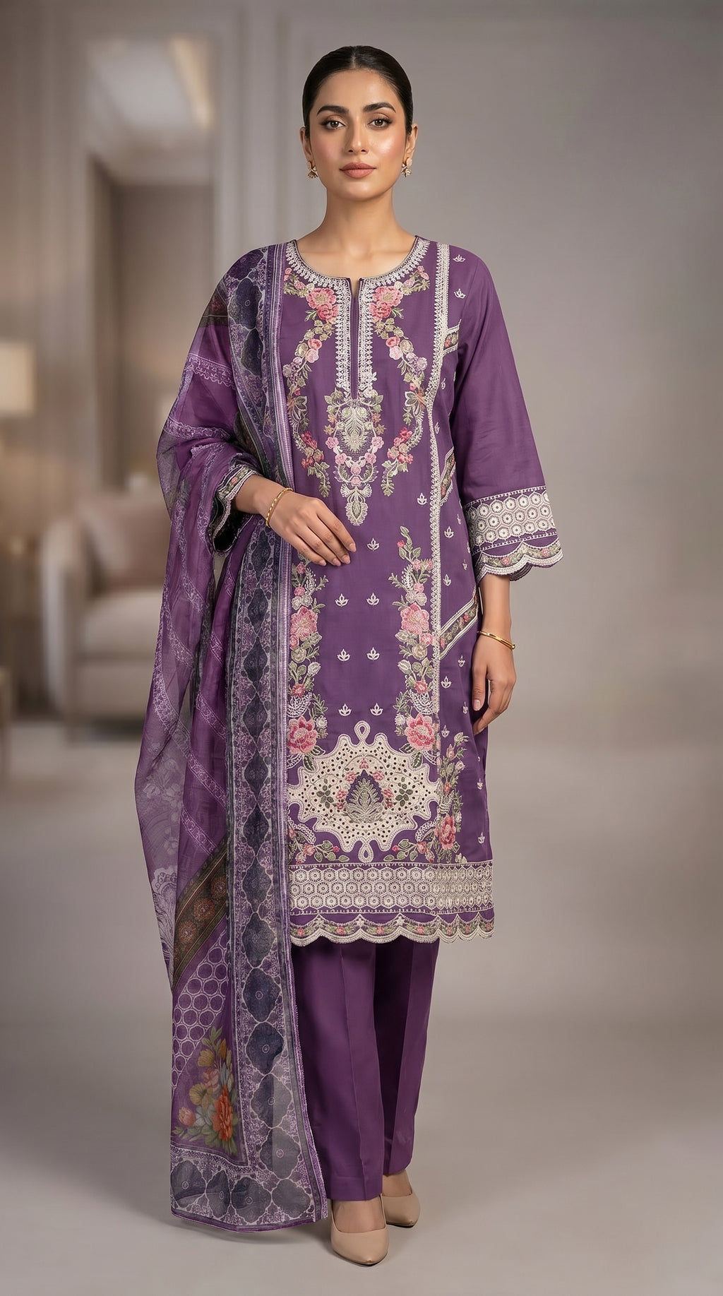 3Pc Embroidered Cotton Shirt, Trouser, Dupatta