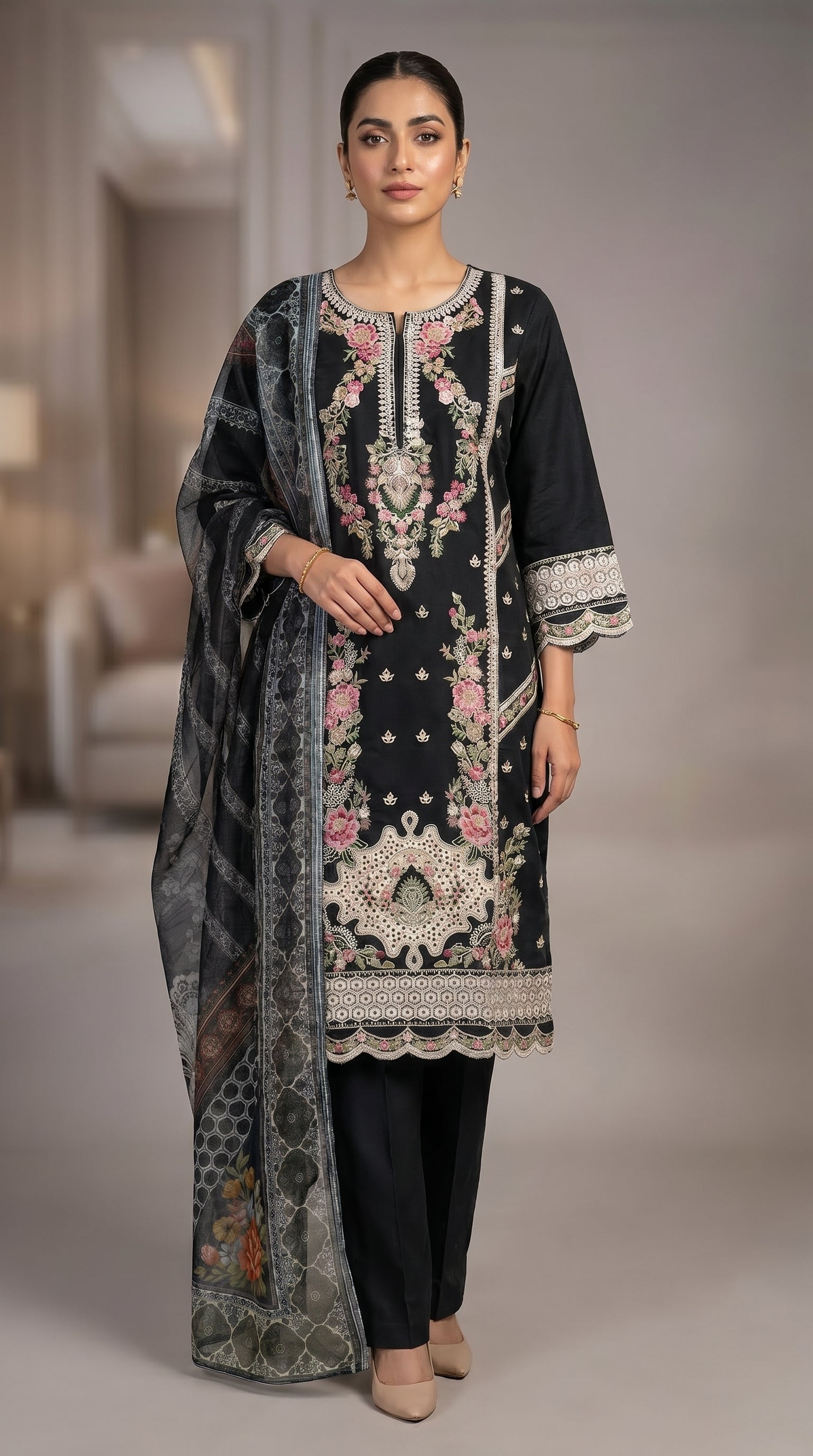 3Pc Embroidered Cotton Shirt, Trouser, Dupatta