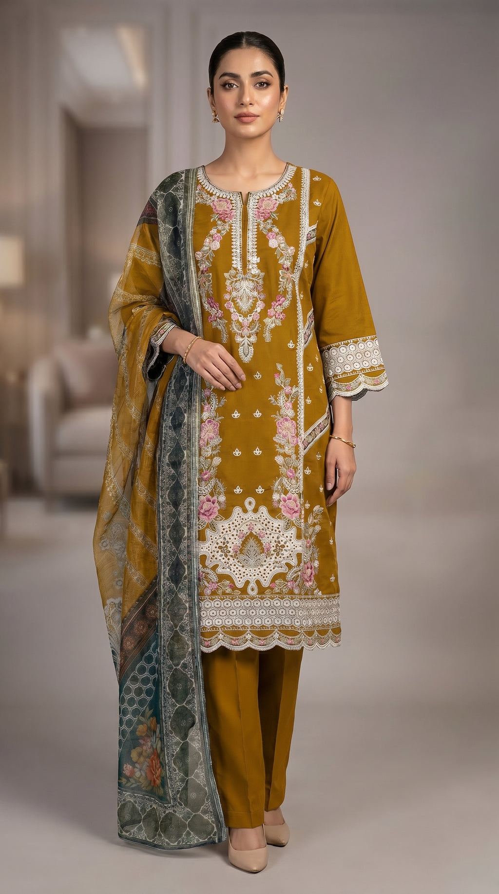 3Pc Embroidered Cotton Shirt, Trouser, Dupatta