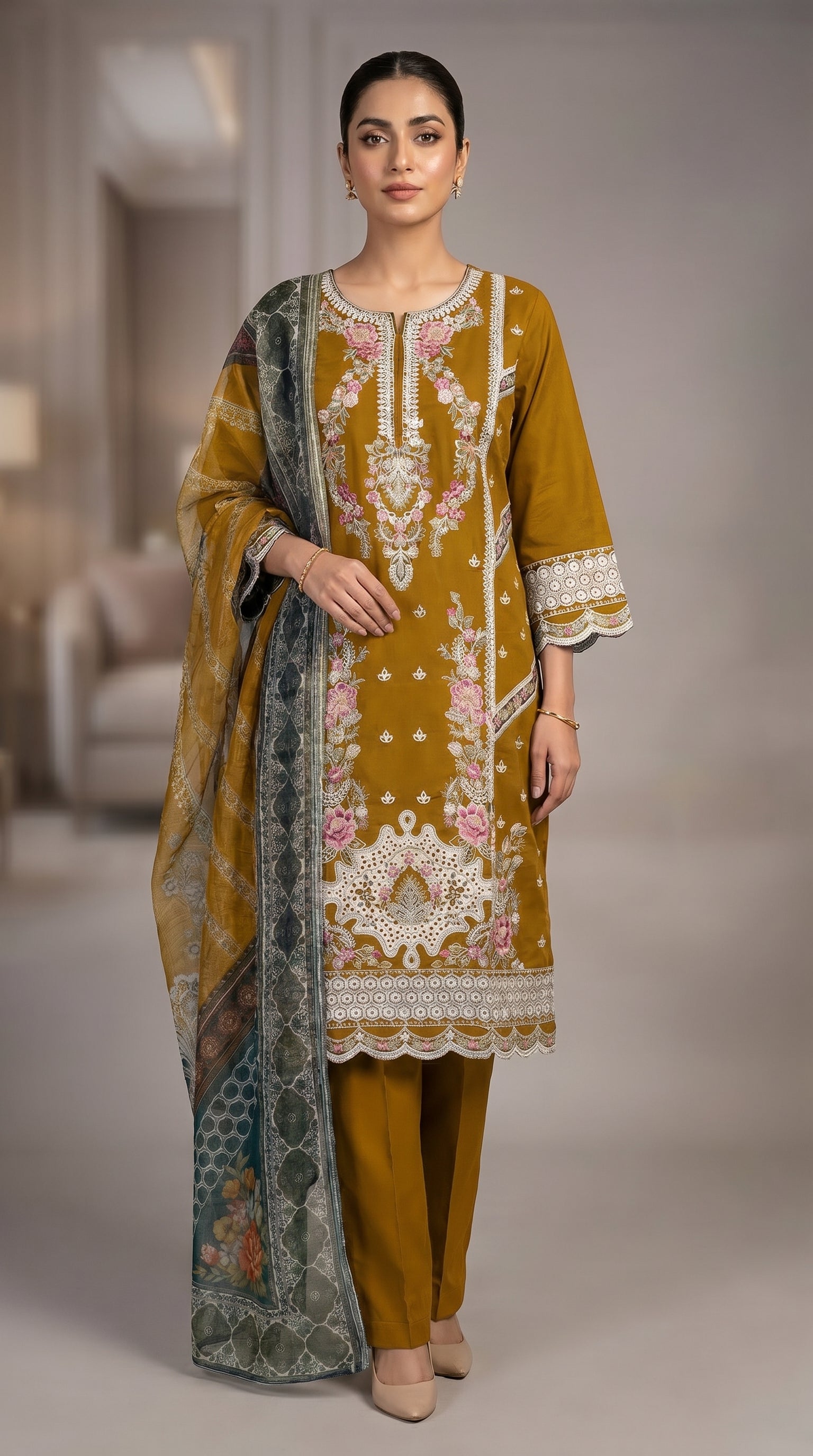 3Pc Embroidered Cotton Shirt, Trouser, Dupatta
