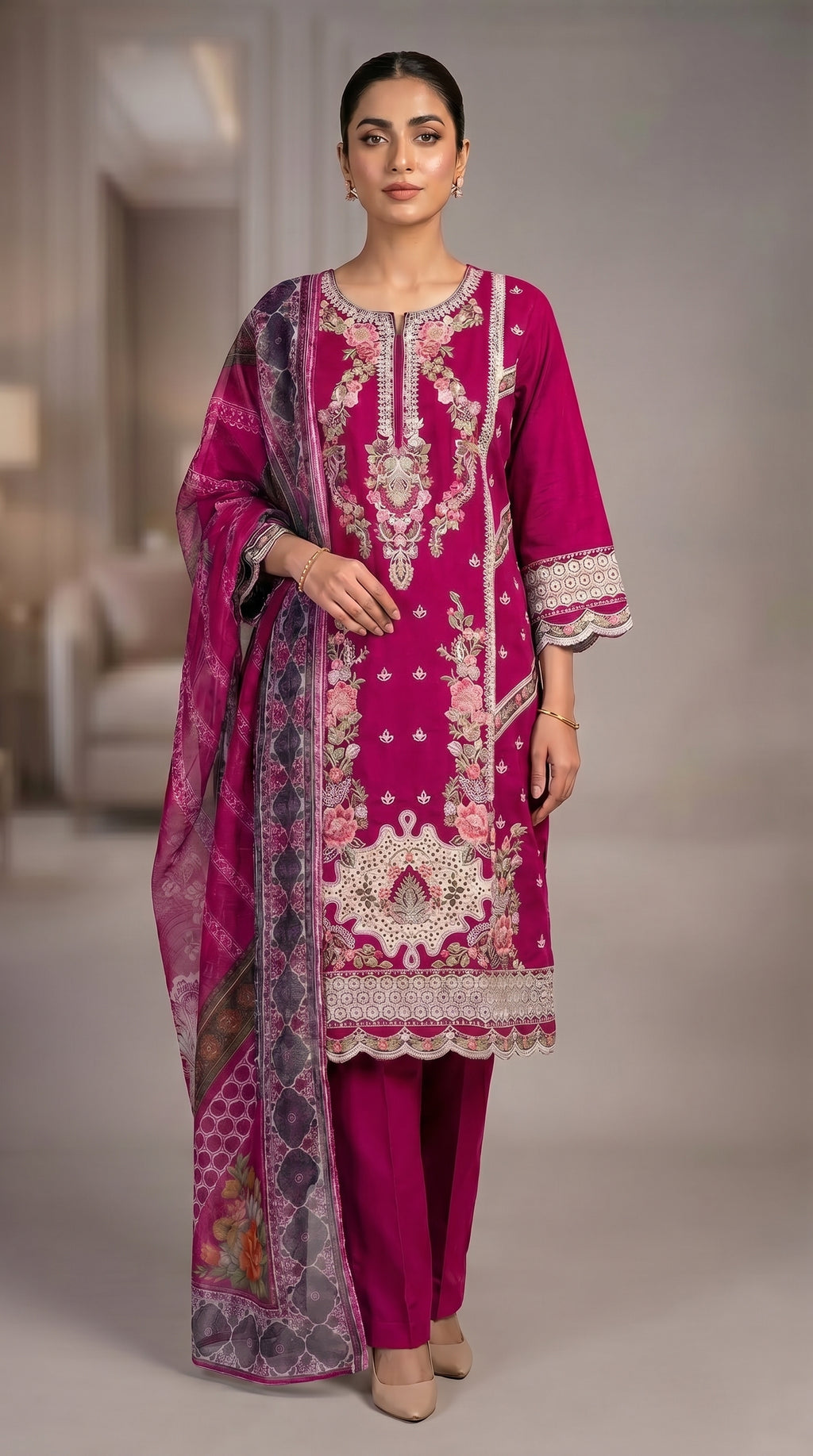 3Pc Embroidered Cotton Shirt, Trouser, Dupatta