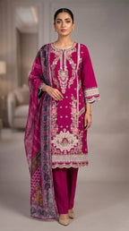 3Pc Embroidered Cotton Shirt, Trouser, Dupatta