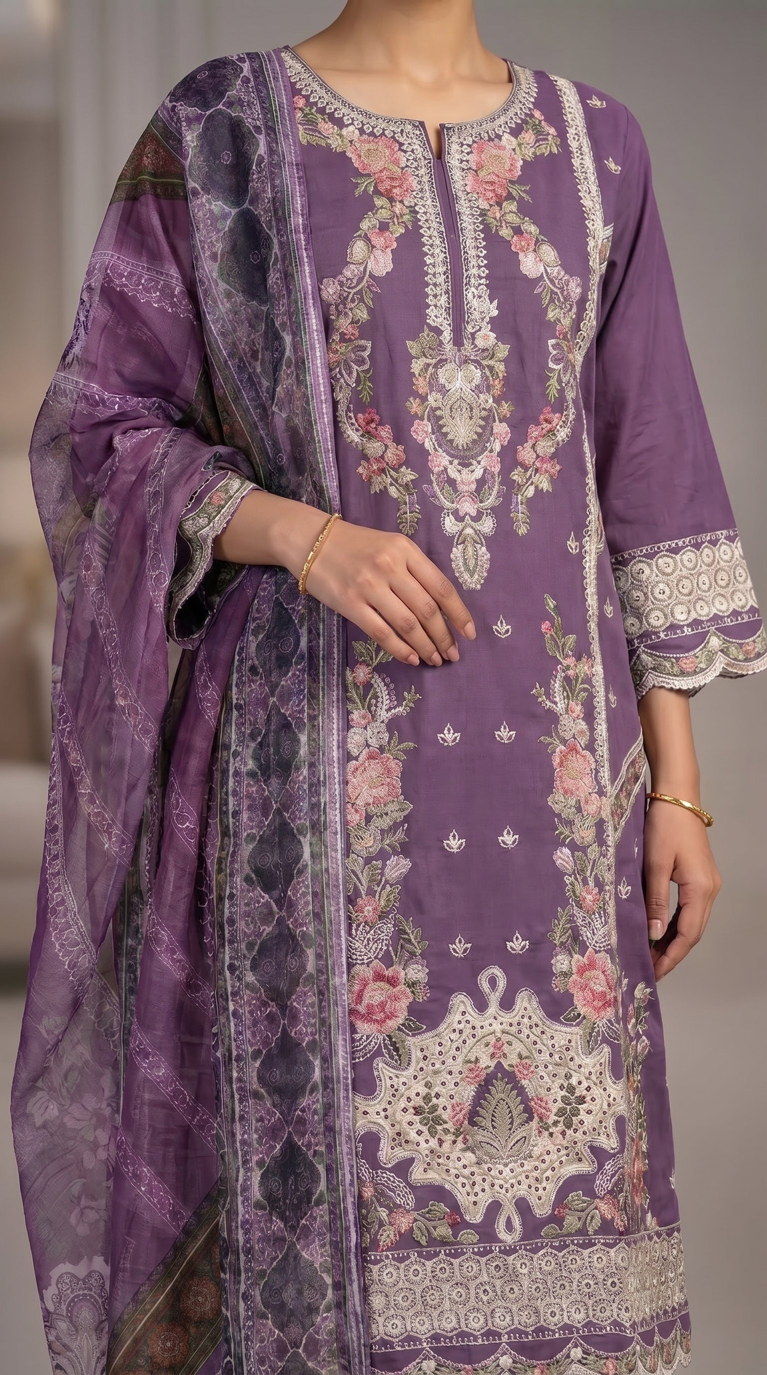 3Pc Embroidered Cotton Shirt, Trouser, Dupatta