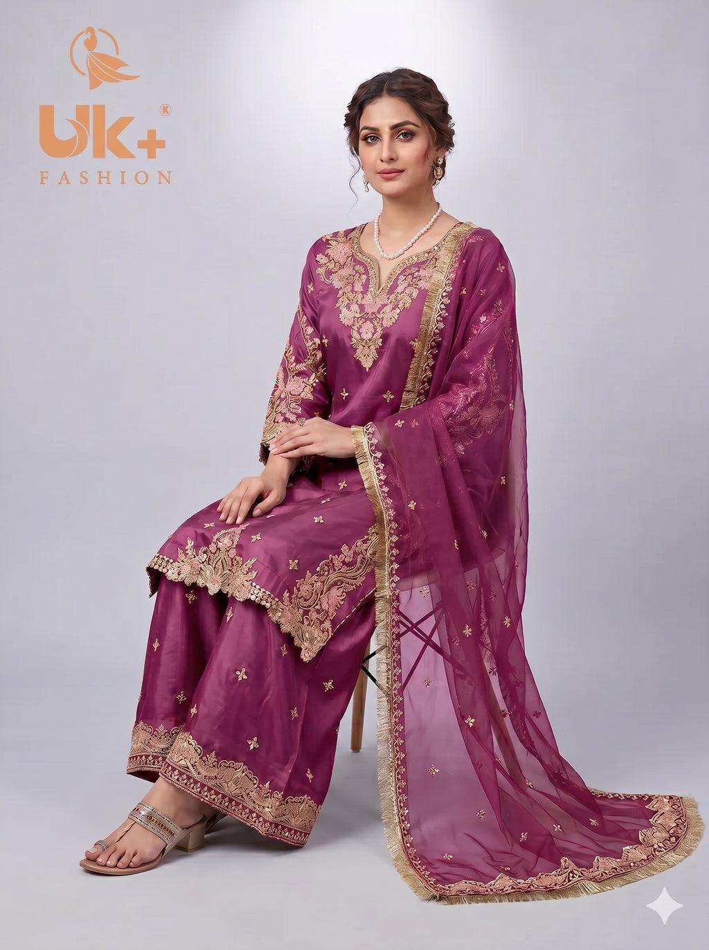 3Pc Embroided kataan Silk Shirt, Plazo, Chifoon Dupatta