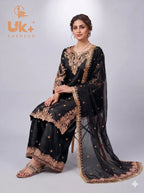 3Pc Embroided kataan Silk Shirt, Plazo, Chifoon Dupatta