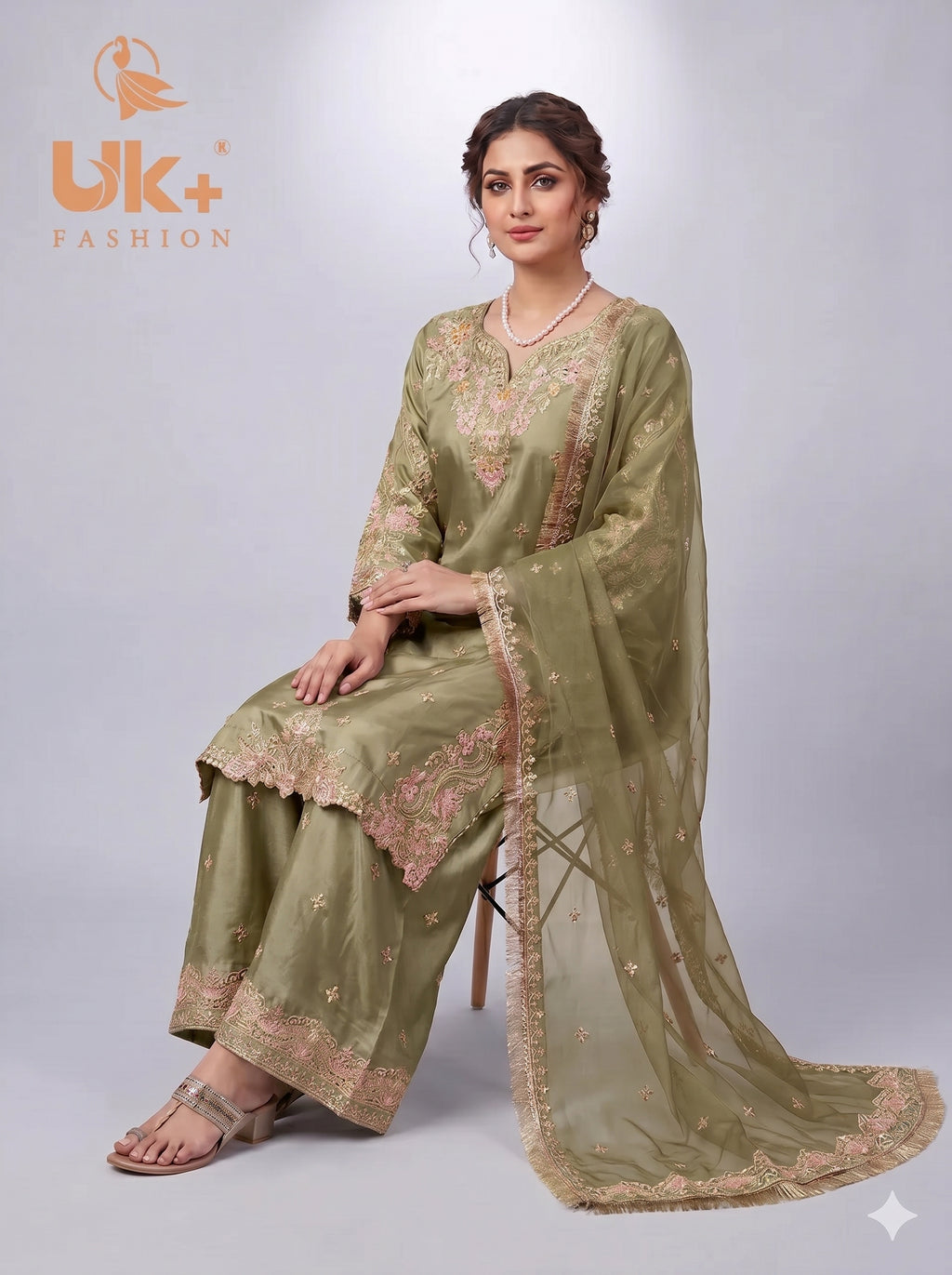 3Pc Embroided kataan Silk Shirt, Plazo, Chifoon Dupatta