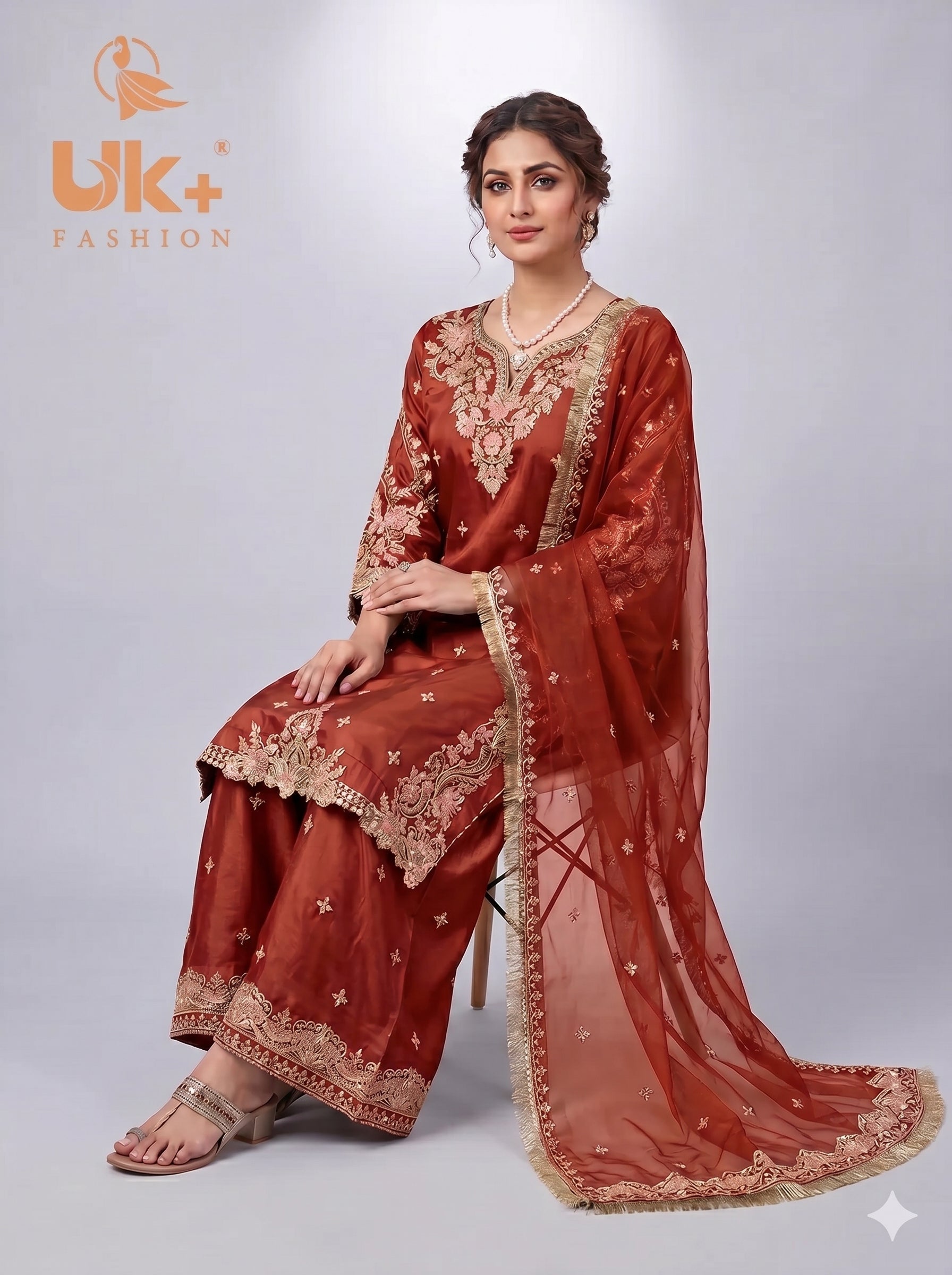 3Pc Embroided kataan Silk Shirt, Plazo, Chifoon Dupatta
