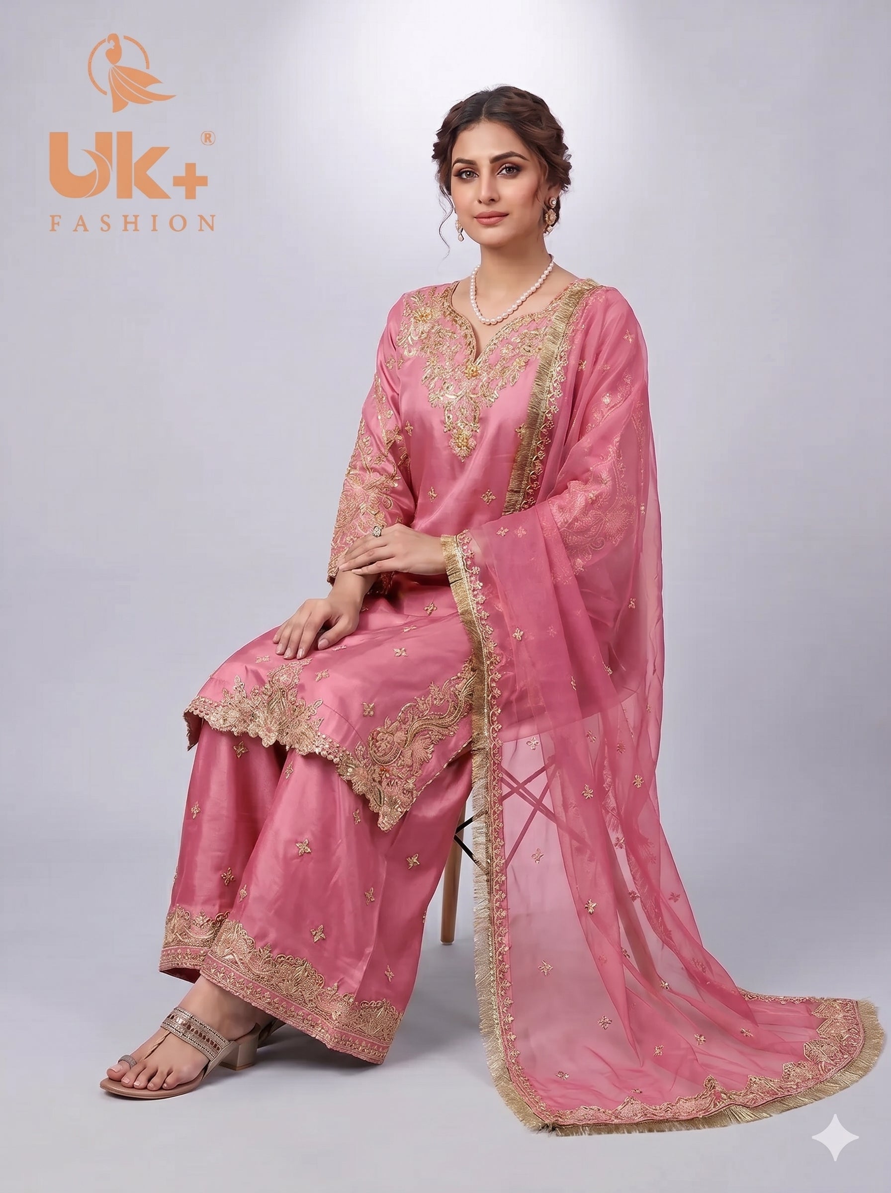 3Pc Embroided kataan Silk Shirt, Plazo, Chifoon Dupatta