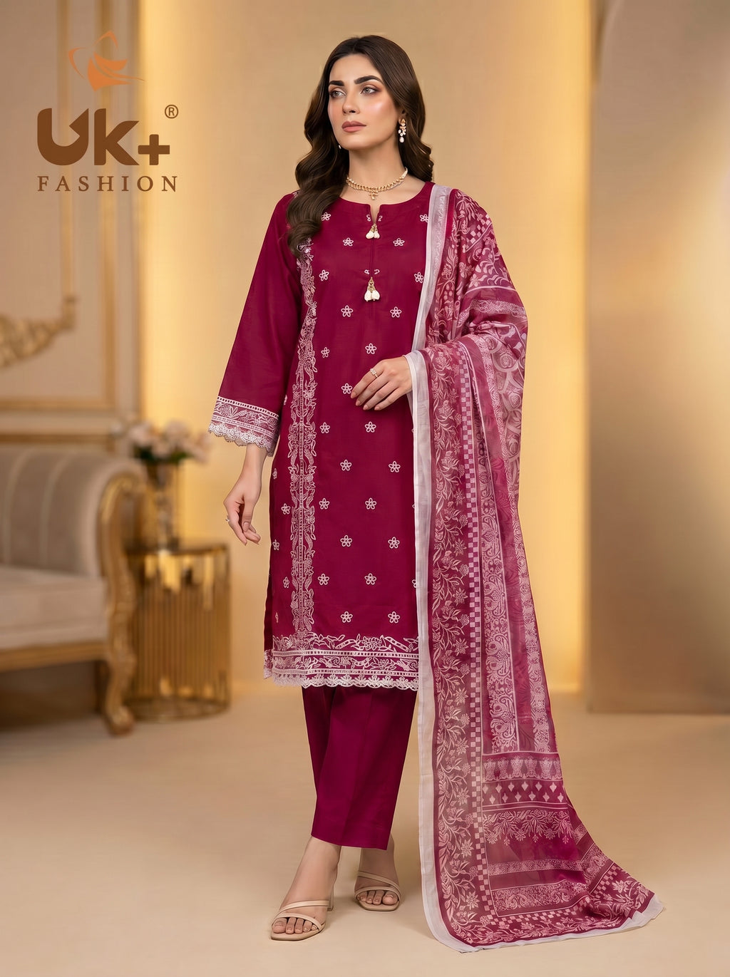 3Pc Embroidered Cotton Shirt, Trouser, Dupatta