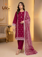 3Pc Embroidered Cotton Shirt, Trouser, Dupatta