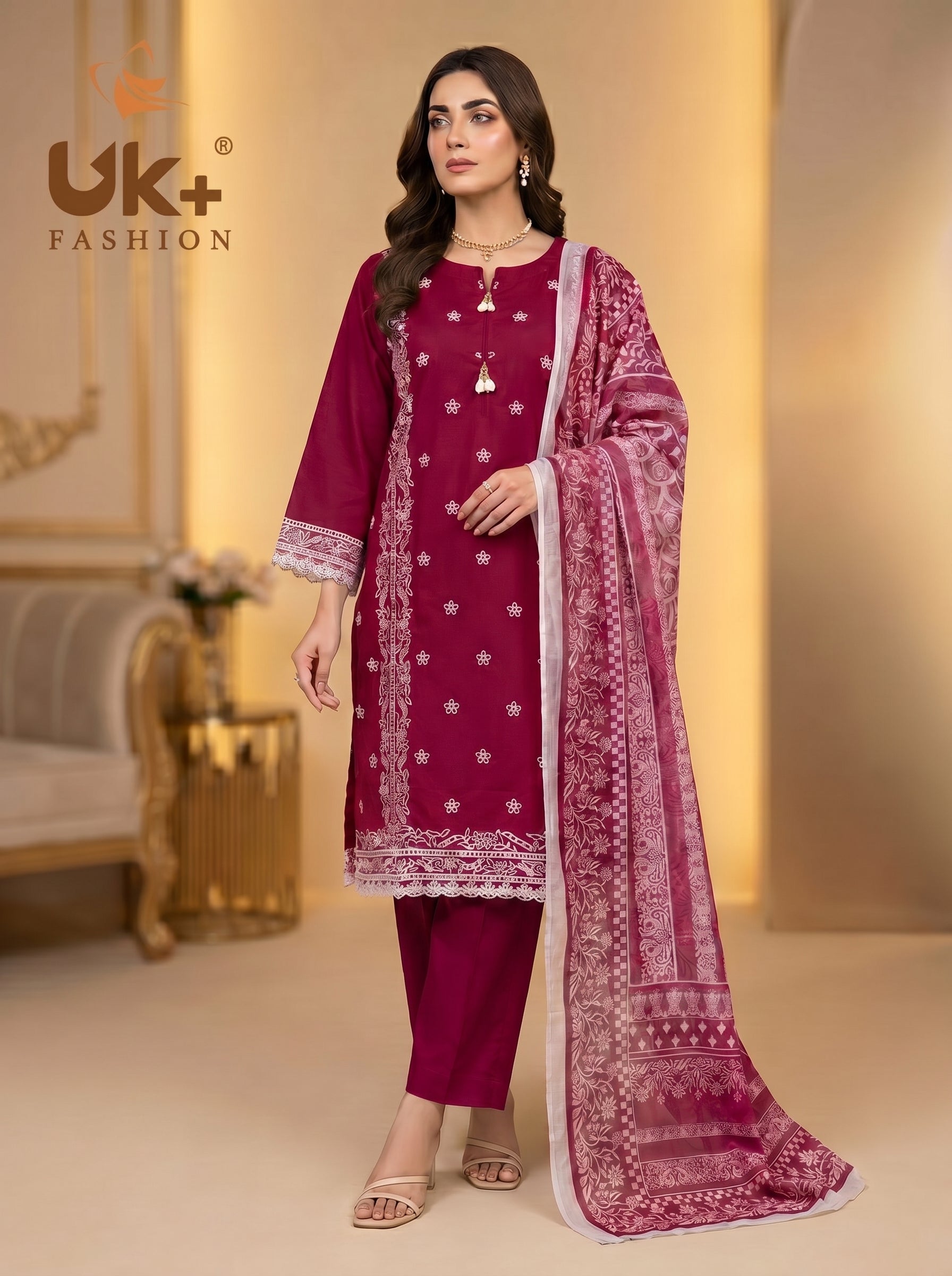 3Pc Embroidered Cotton Shirt, Trouser, Dupatta