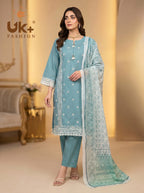 3Pc Embroidered Cotton Shirt, Trouser, Dupatta