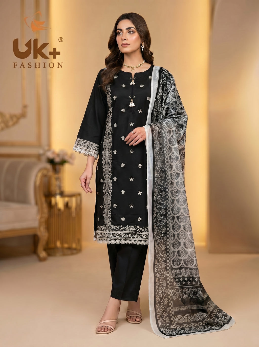 3Pc Embroidered Cotton Shirt, Trouser, Dupatta