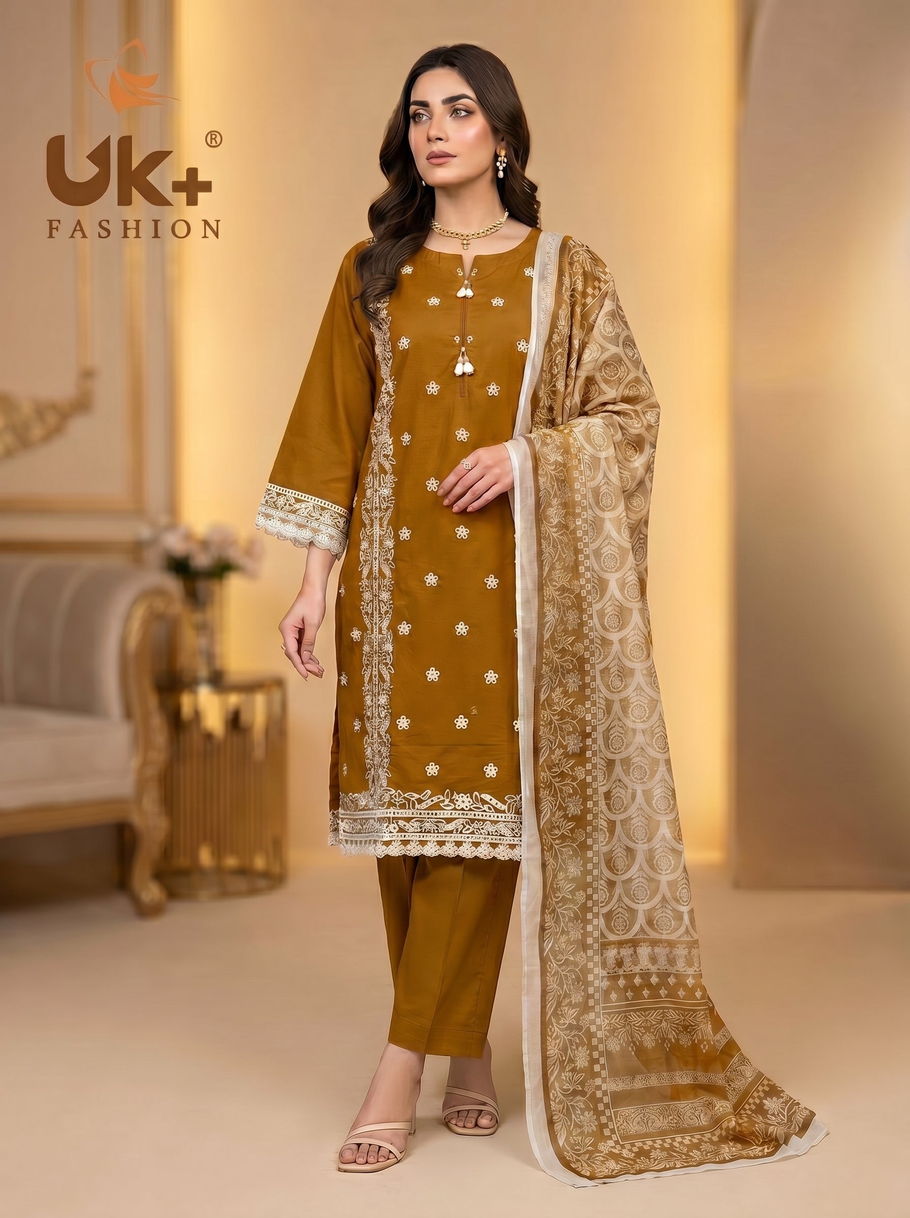 3Pc Embroidered Cotton Shirt, Trouser, Dupatta