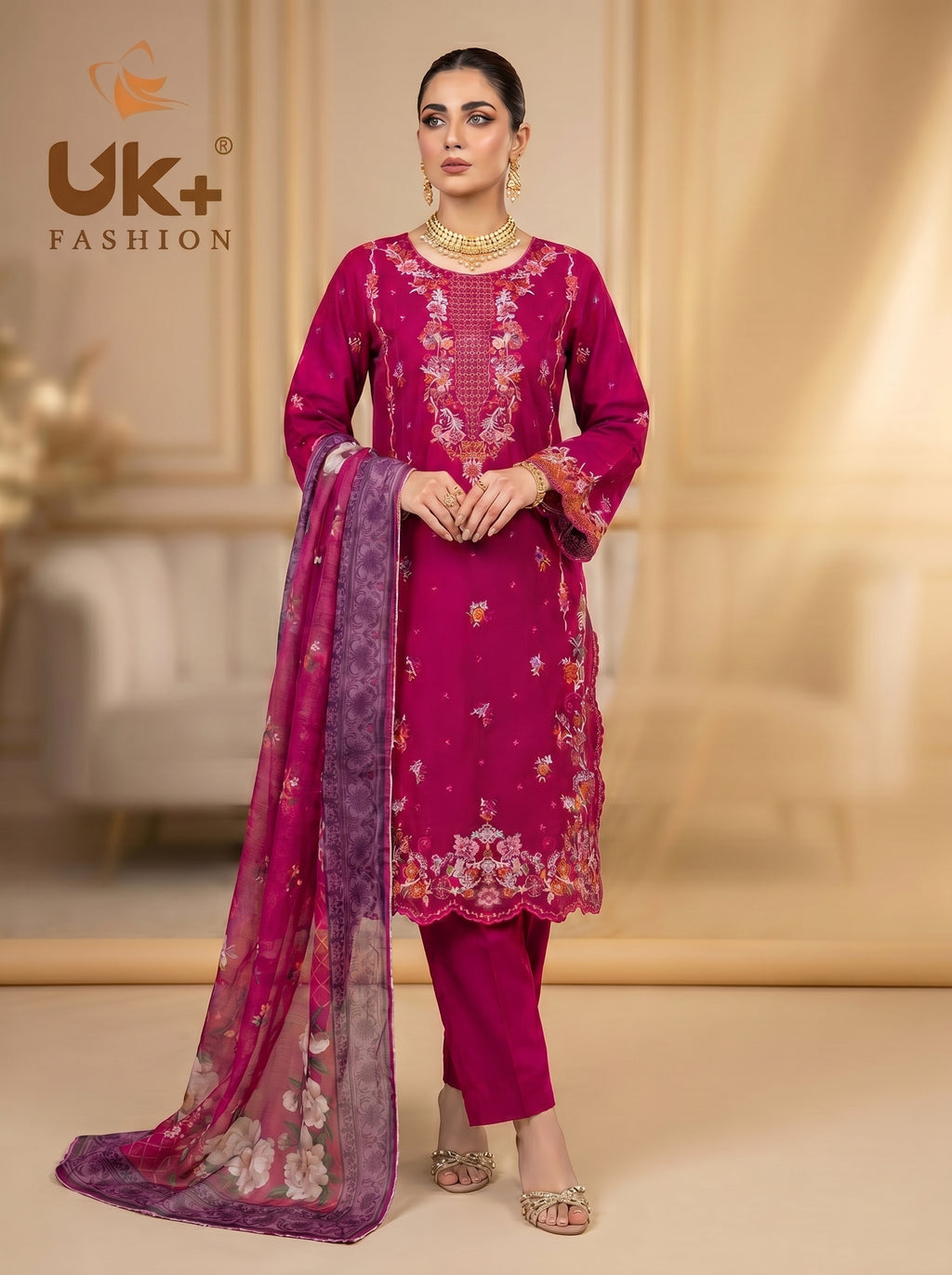 3Pc Embroidered Cotton Shirt, Trouser, Dupatta