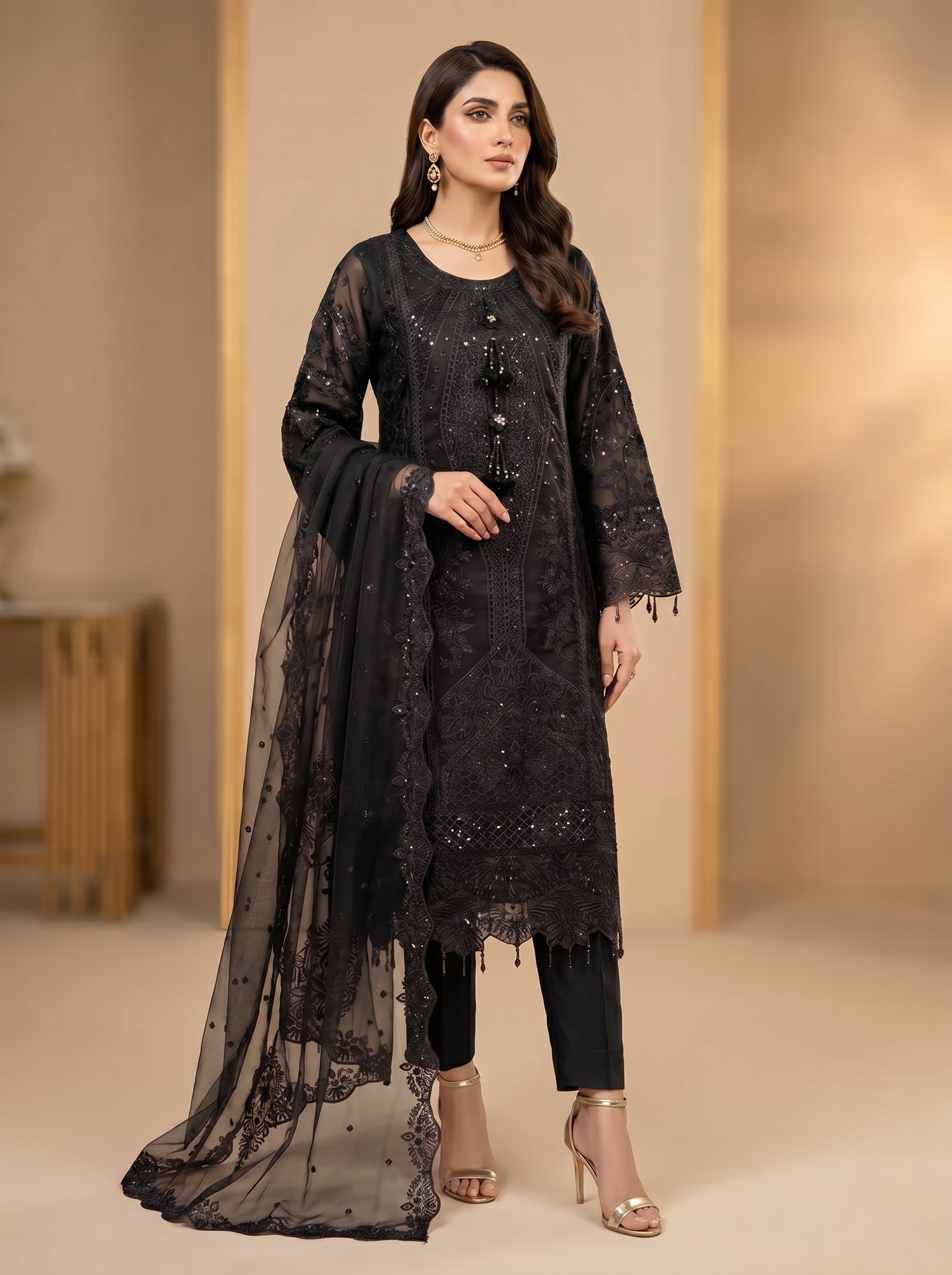 3Pc Embroidered Organza shirt, shalwar & Dupatta