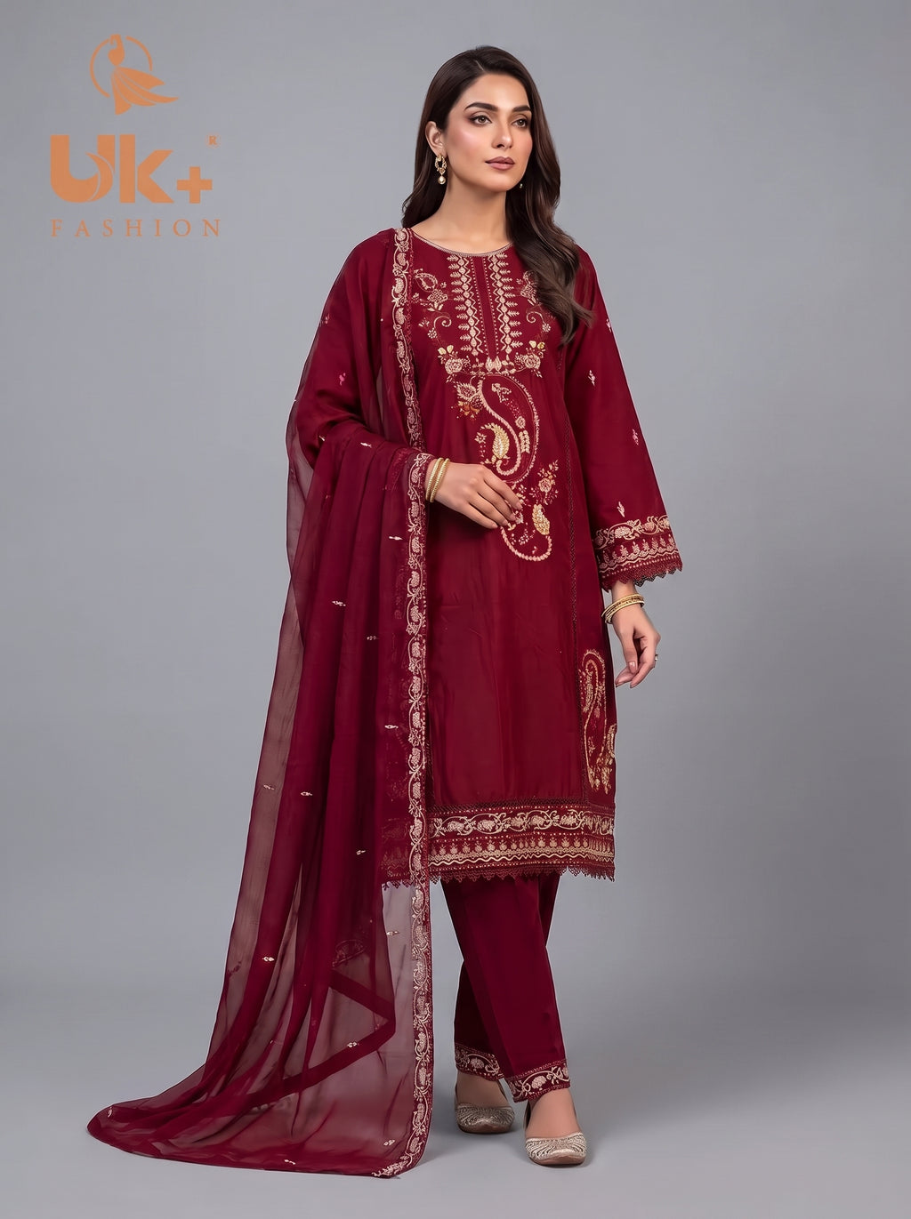 3Pc Embroidered Cotton Shirt, Trouser, Dupatta