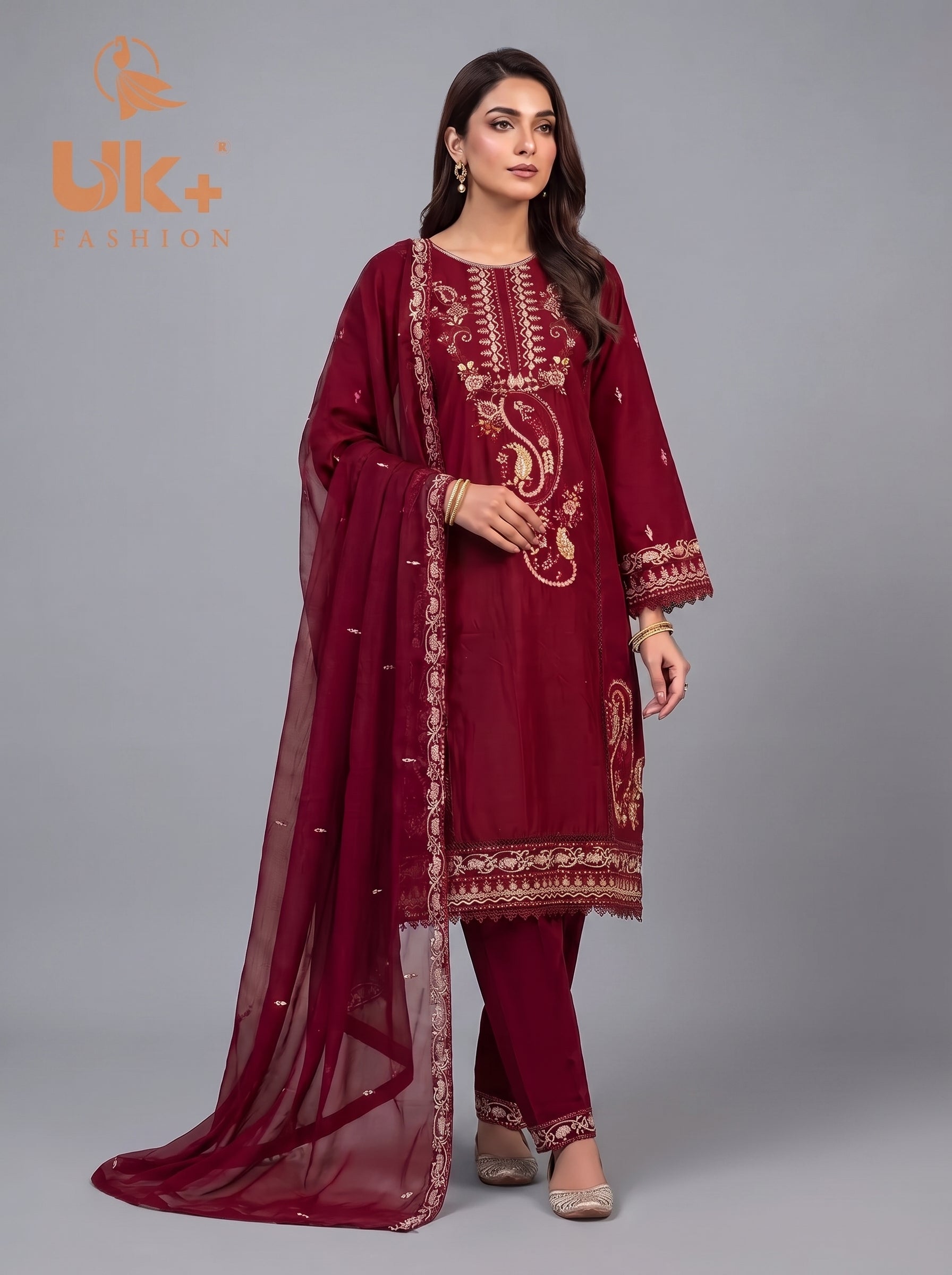 3Pc Embroidered Cotton Shirt, Trouser, Dupatta
