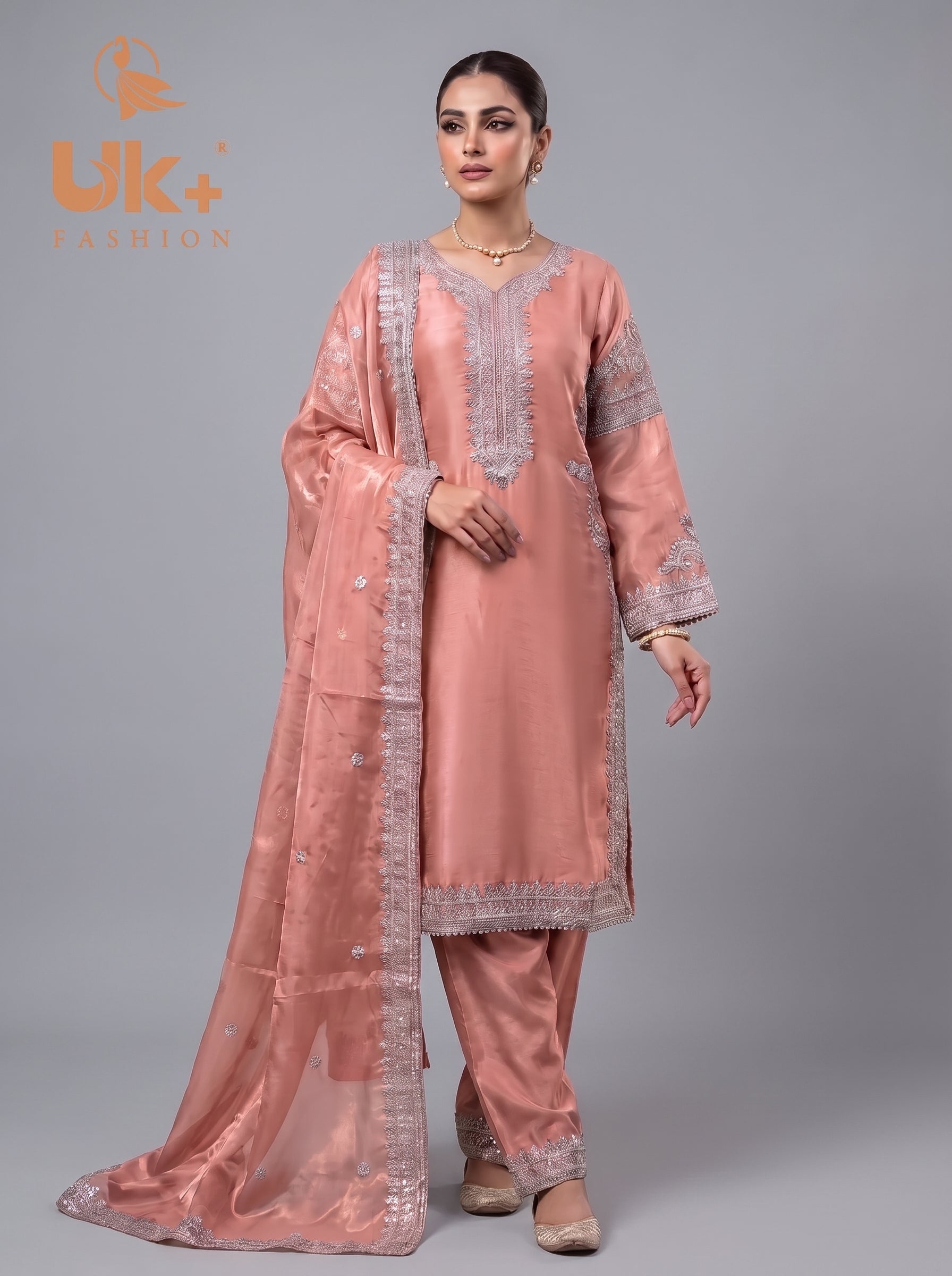 3Pc Embroidered Silk Shirt, Shalwar, Dupatta