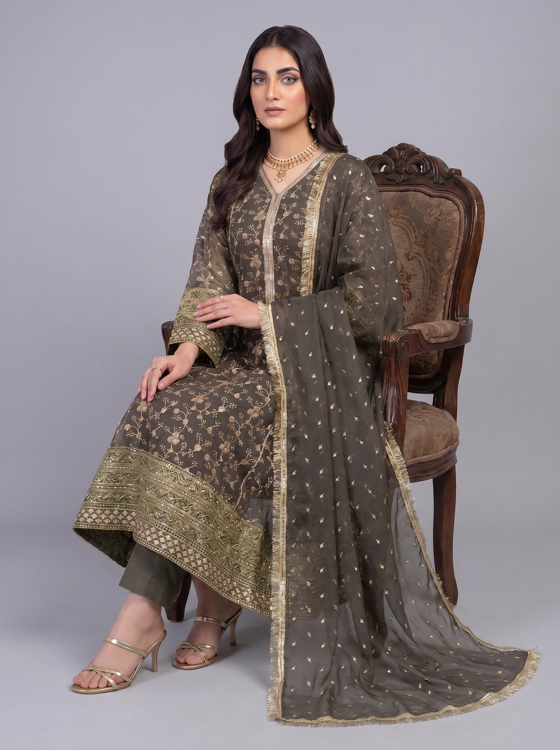 3Pc Chiffon Embroidery Shirt, Shlawar, Dupatta