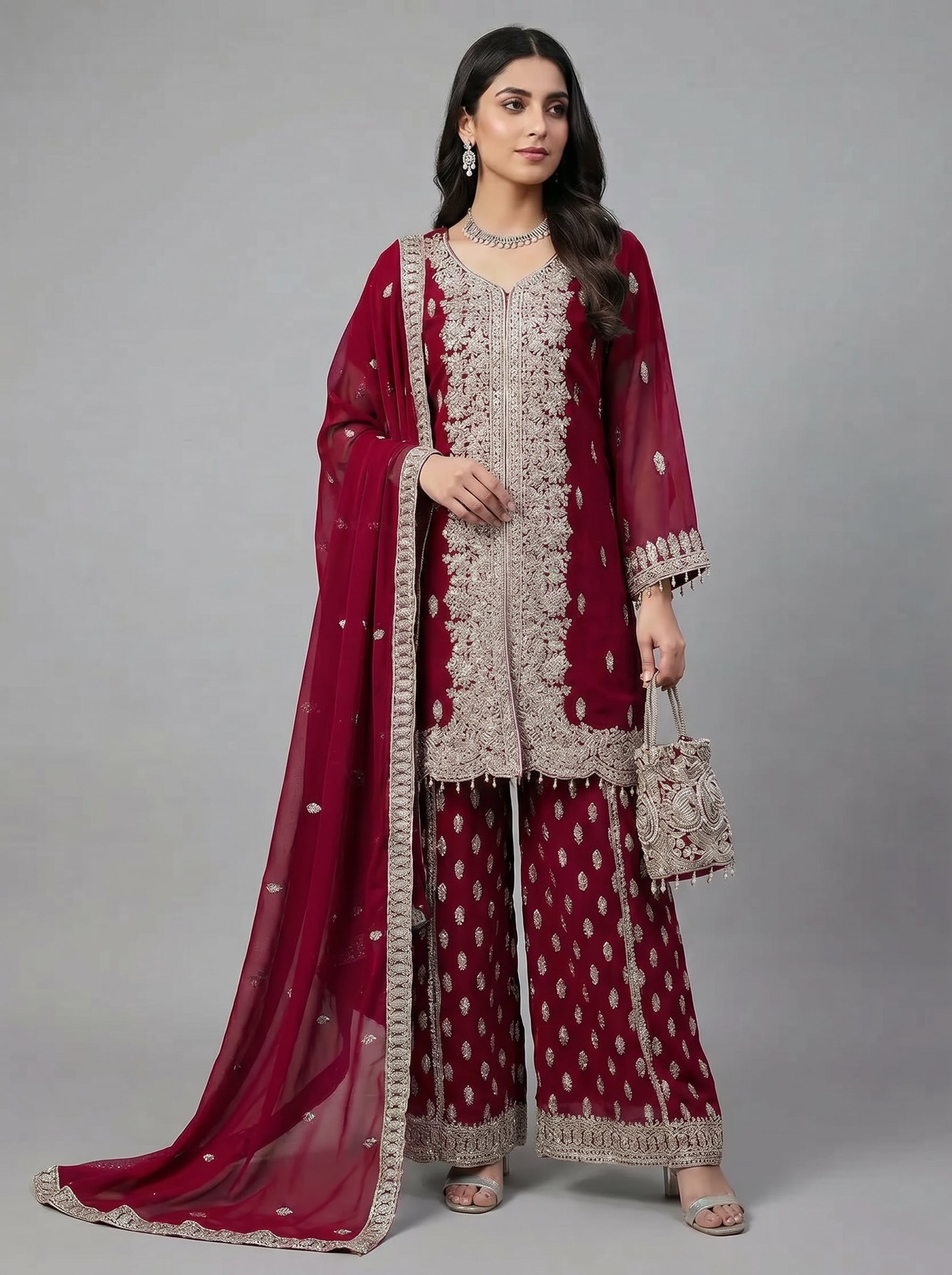 3Pc Embroidered Chiffon Shirt, Plazo, Dupatta