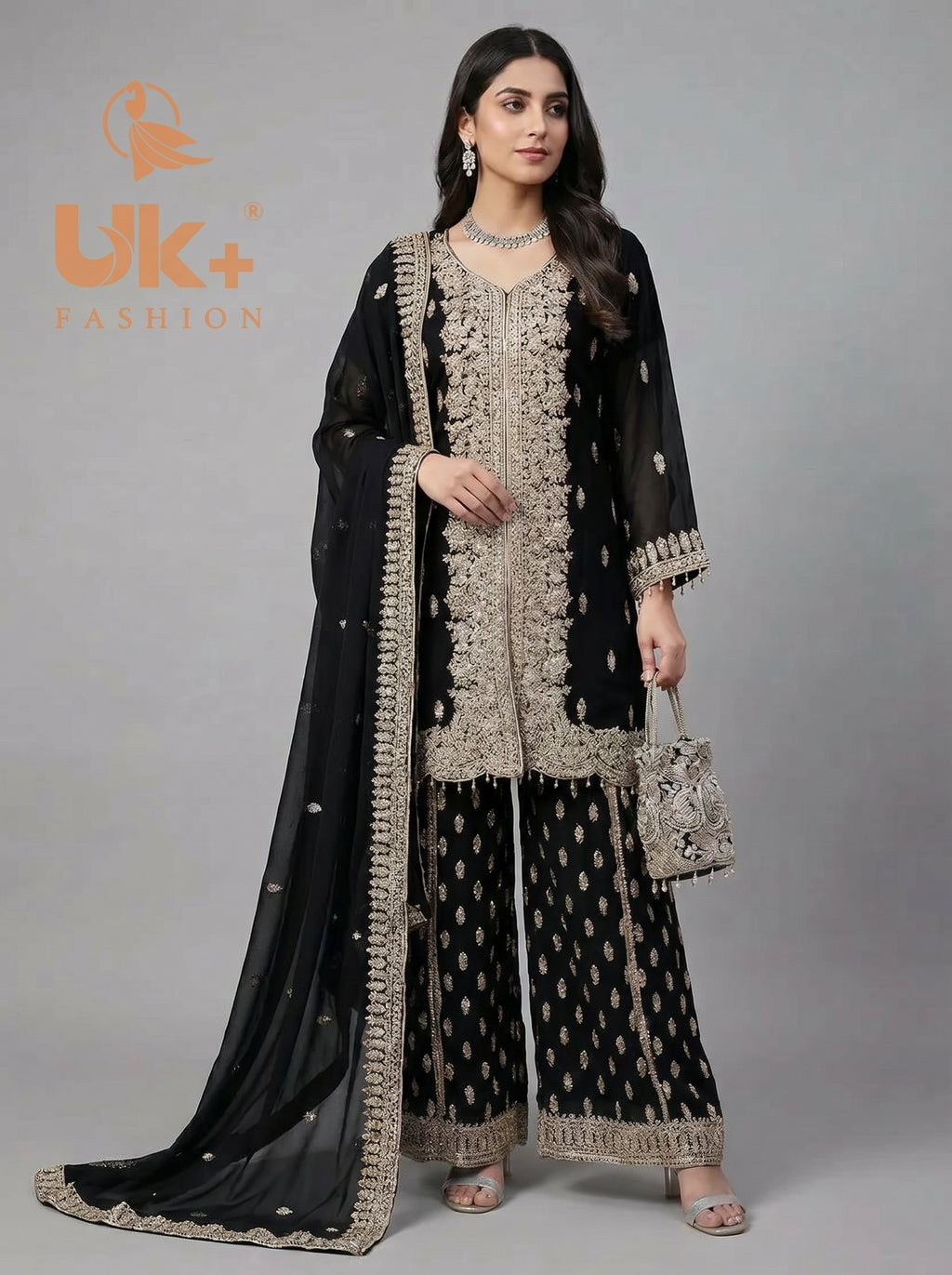 3Pc Embroidered Chiffon Shirt, Plazo, Dupatta
