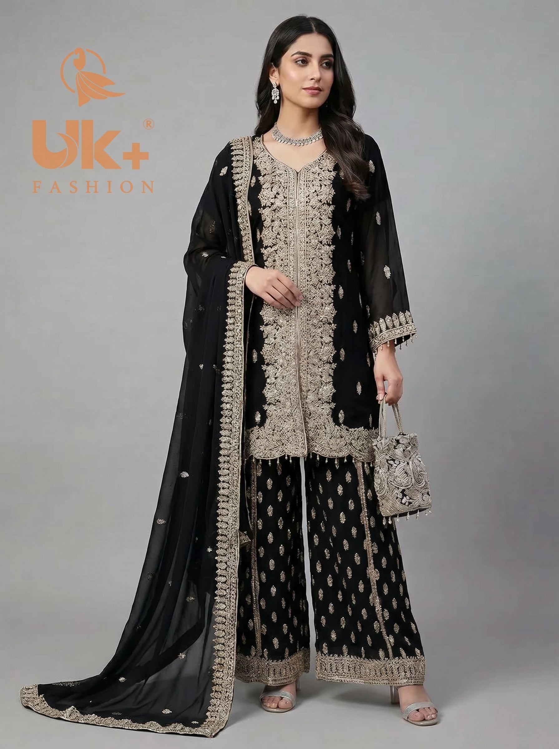 3Pc Embroidered Chiffon Shirt, Plazo, Dupatta