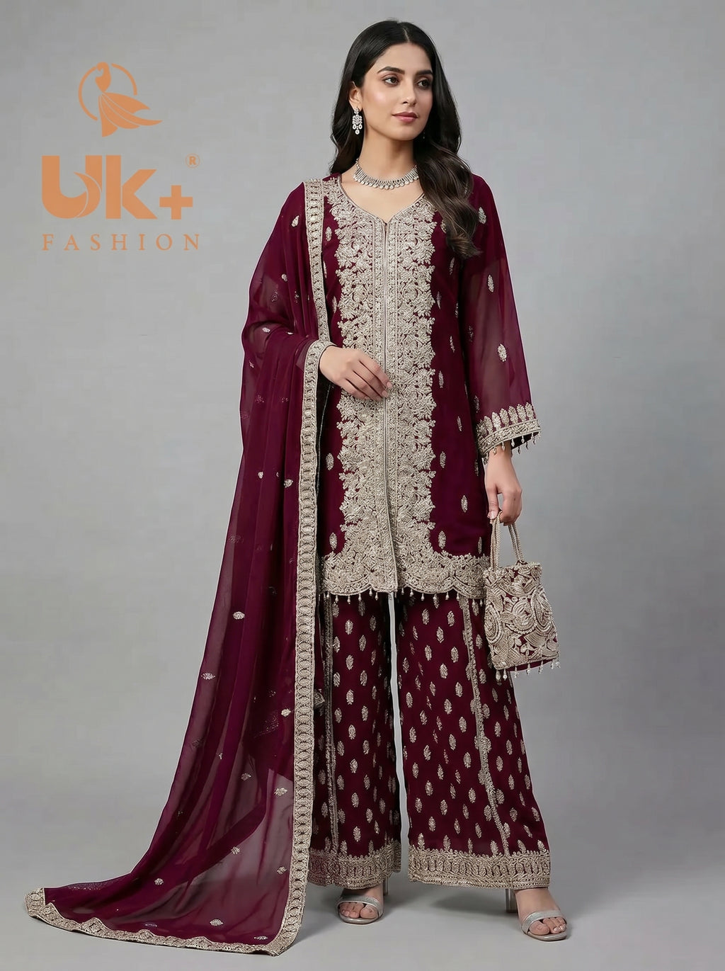 3Pc Embroidered Chiffon Shirt, Plazo, Dupatta