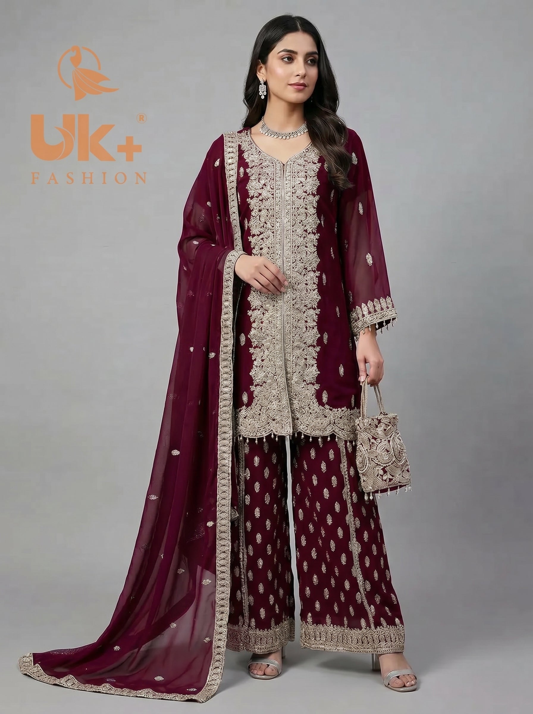 3Pc Embroidered Chiffon Shirt, Plazo, Dupatta