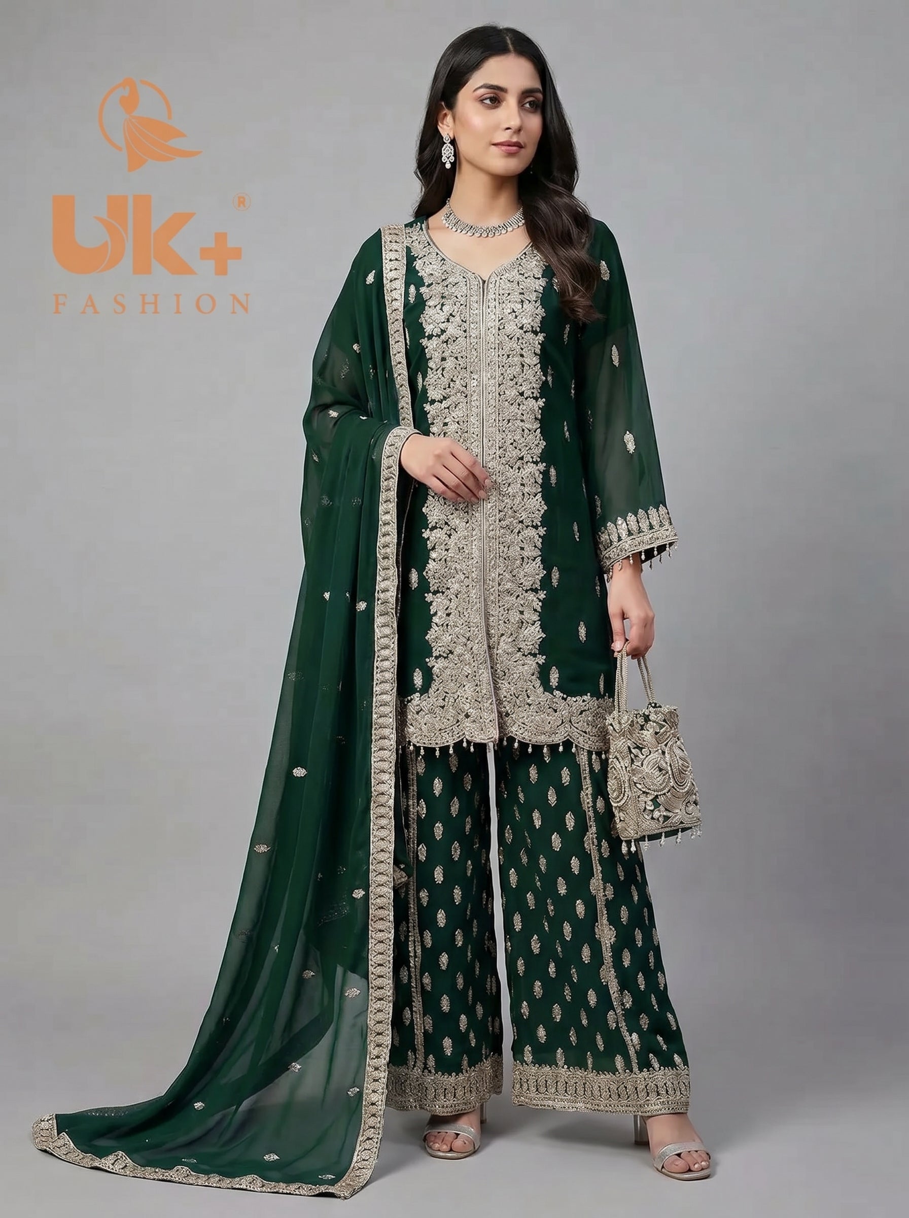 3Pc Embroidered Chiffon Shirt, Plazo, Dupatta