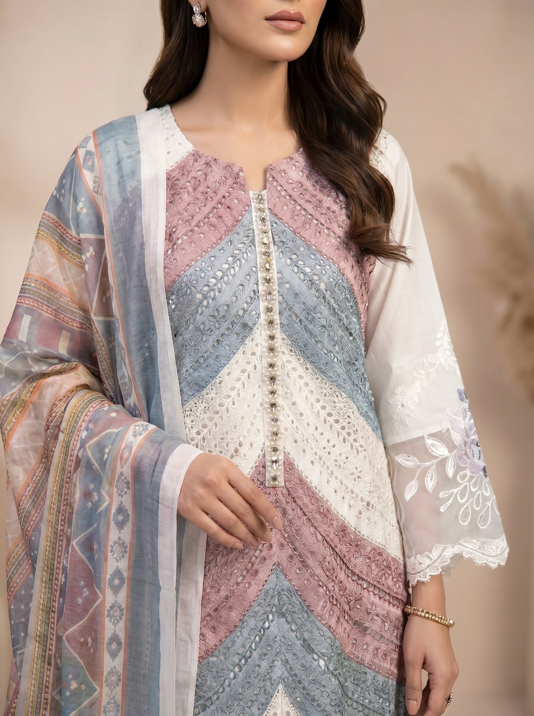 3Pc Embroidered Cotton Shirt, Trouser, Dupatta
