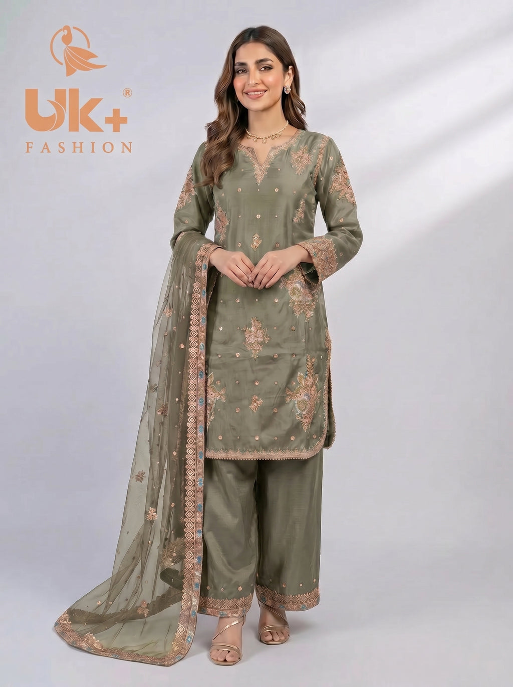 3Pc Embroidered Kattan Silk Shirt, Farshi Shalwar, Dupatta