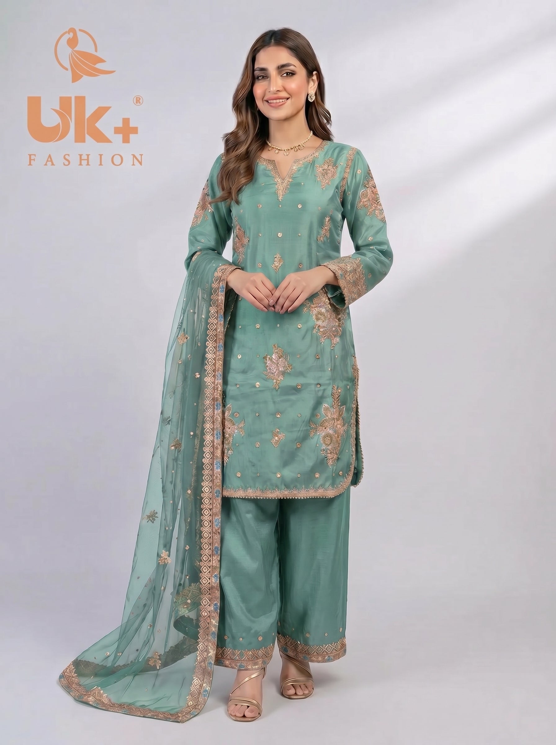 3Pc Embroidered Kattan Silk Shirt, Farshi Shalwar, Dupatta
