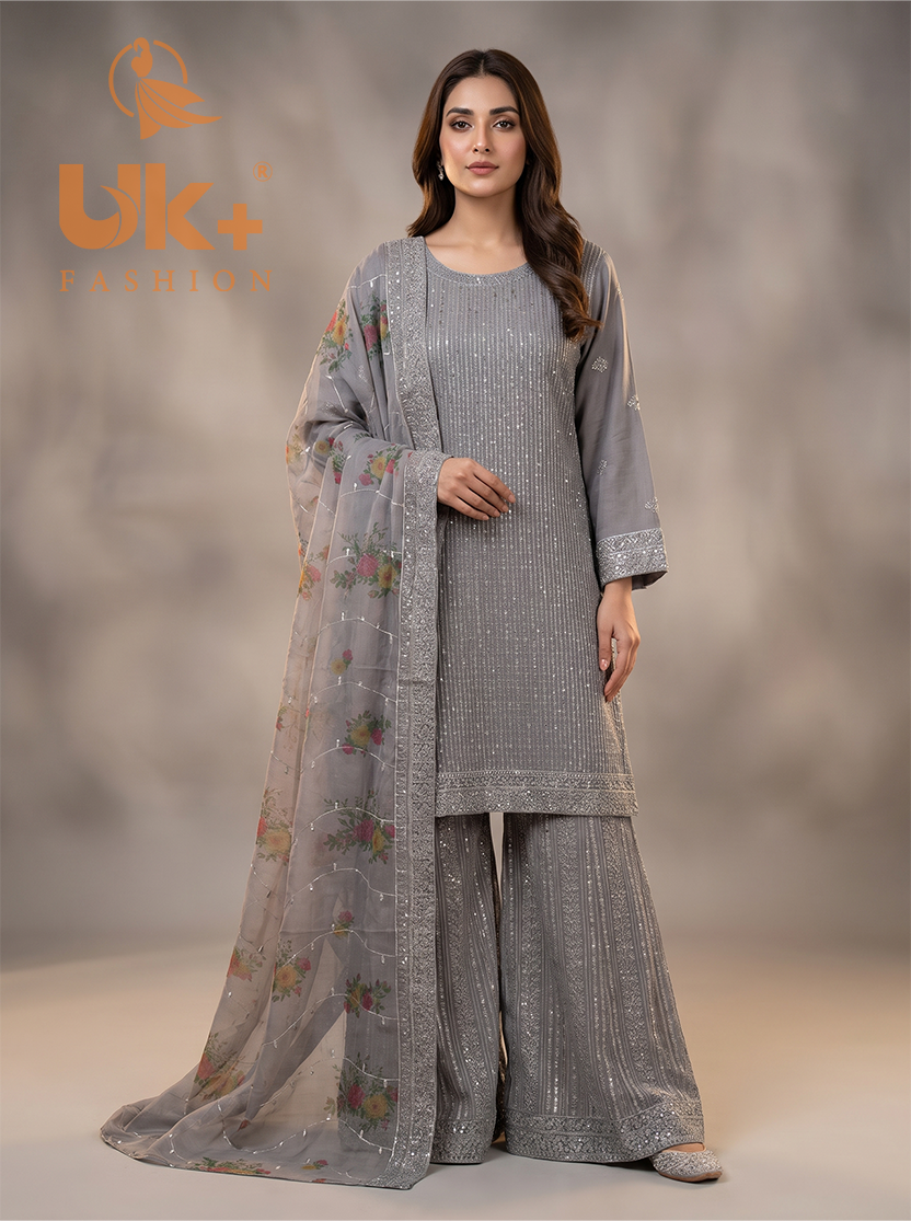 3Pc Embroided Chiffon Shirt, Plazo, Dupatta