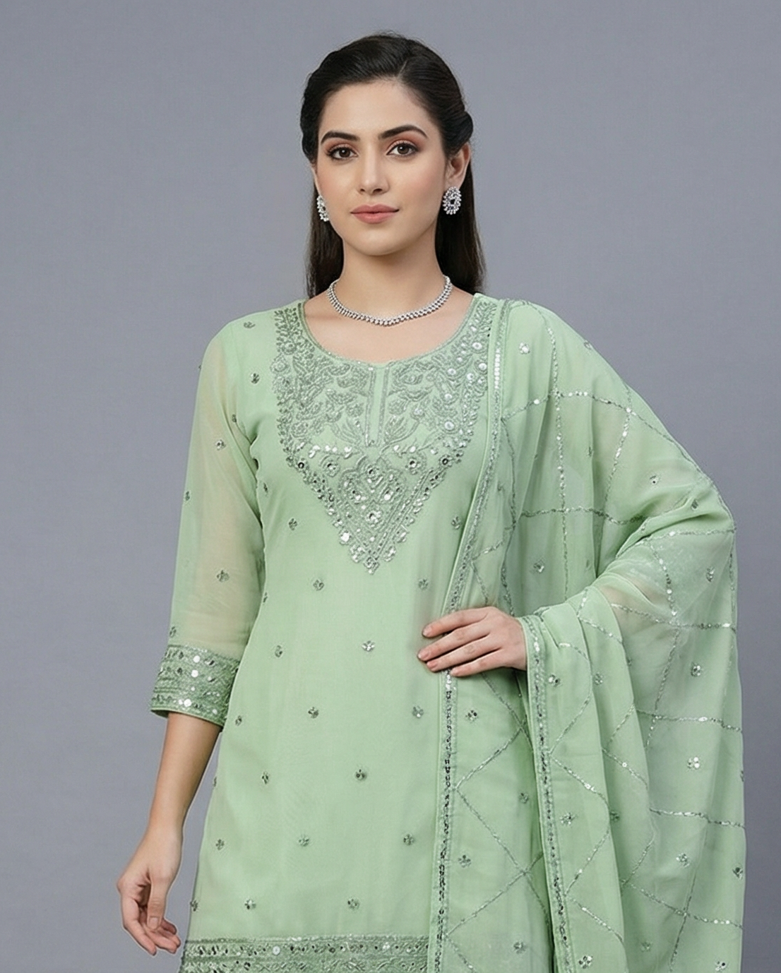 3Pc Embroidered Chiffon Plazo, Shirt, Plazo Dupatta