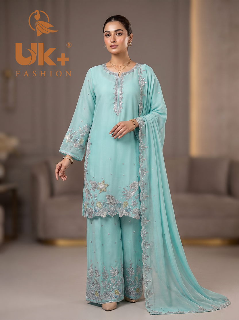 3Pc Embroided Chiffon Shirt, Plazo, Dupatta