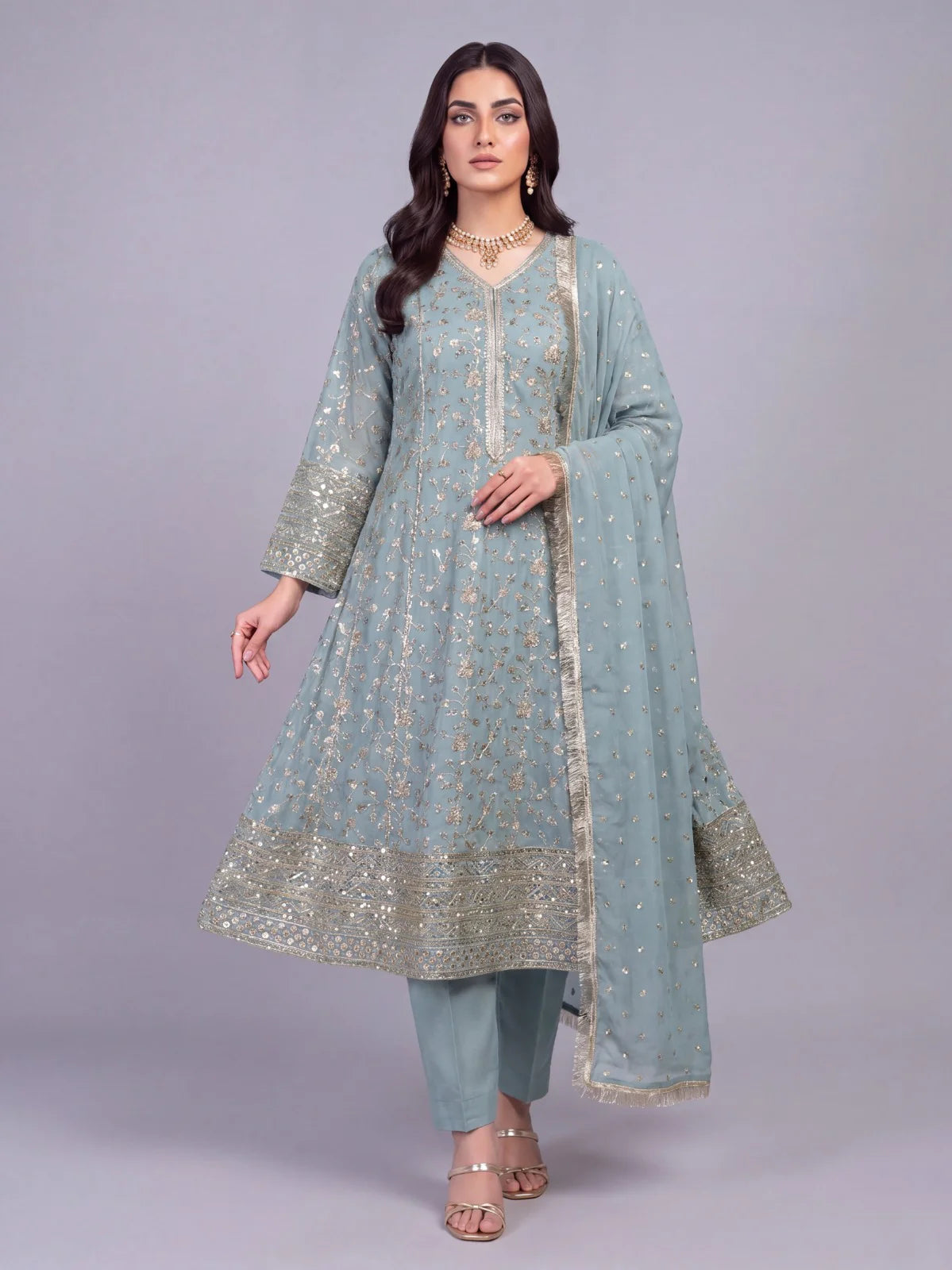 3Pc Chiffon Embroidery Shirt, Shlawar, Dupatta