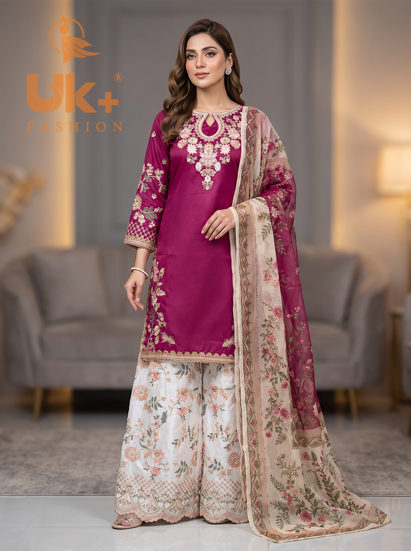 3Pc Embroidered Shamoz Silk, Shirt, Plazo & Dupatta