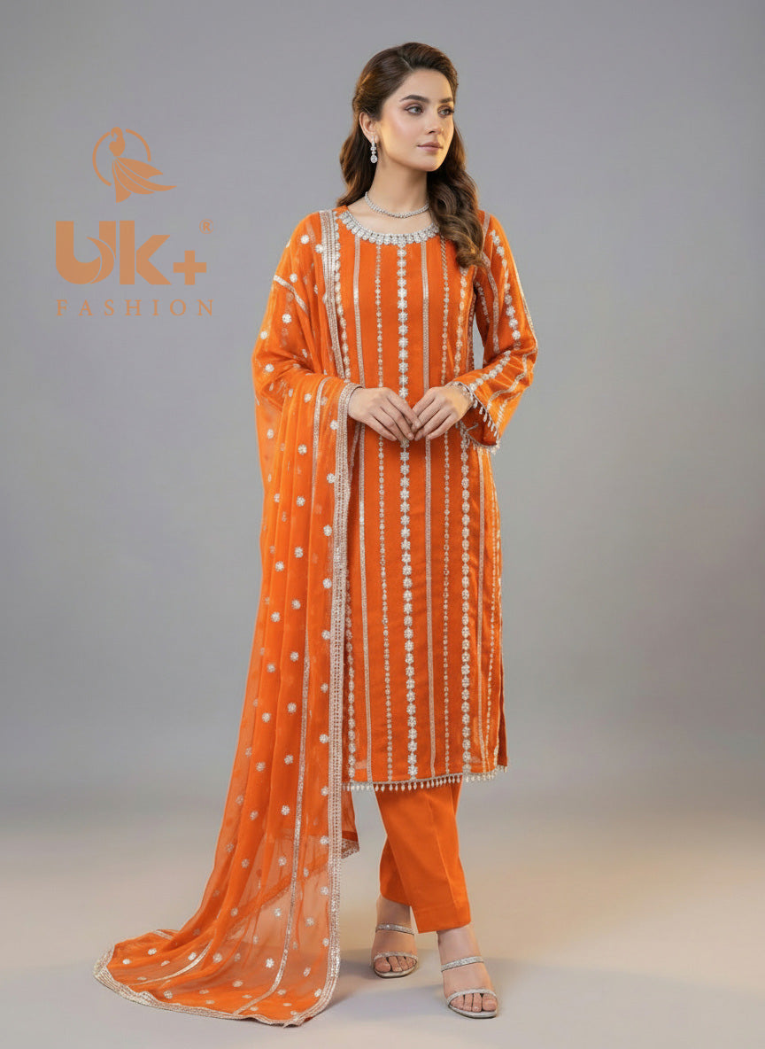 3Pc Chiffon Embroidery Shirt, Shlawar, Dupatta