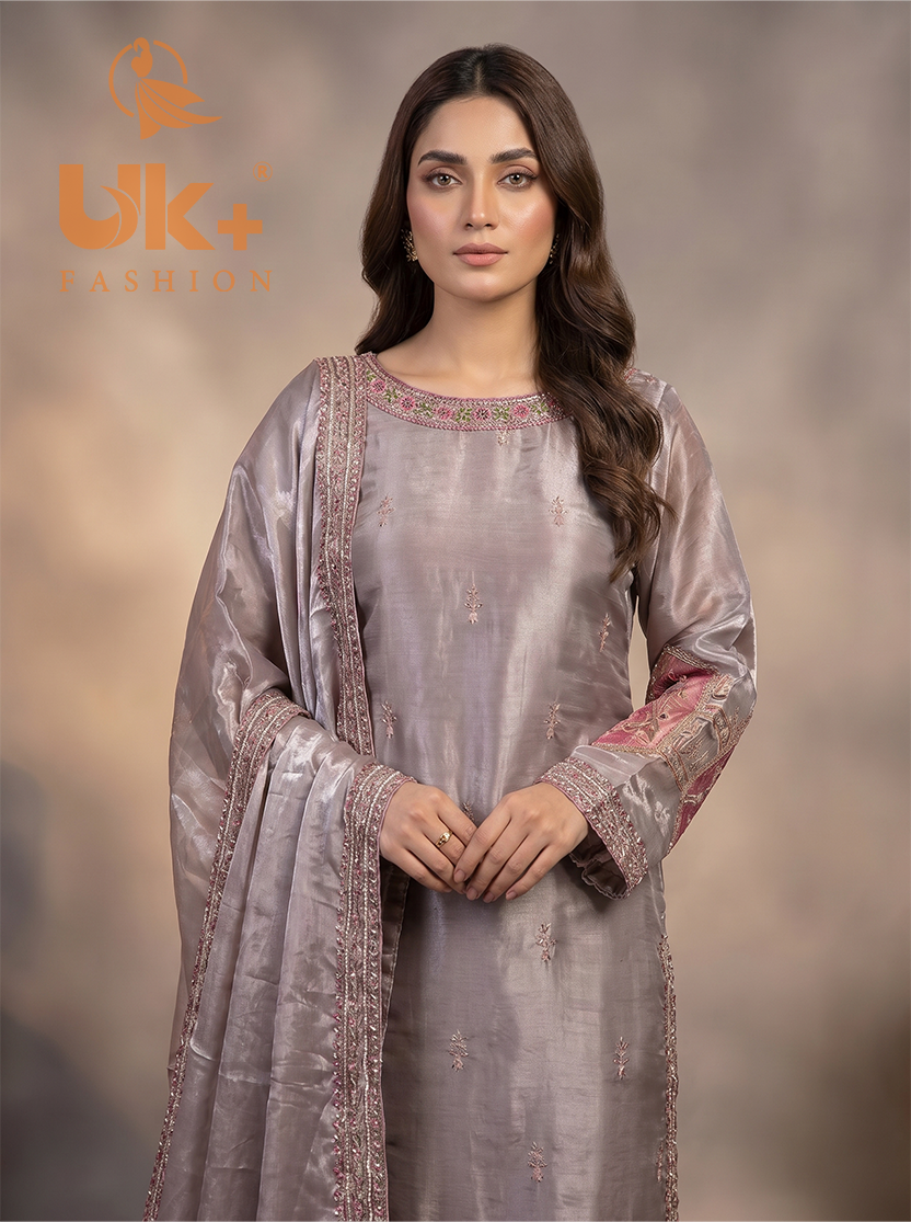 3Pc Embroidered Sheesha Silk Long Shirt, Plazo, Dupatta