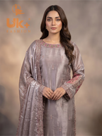3Pc Embroidered Sheesha Silk Long Shirt, Plazo, Dupatta